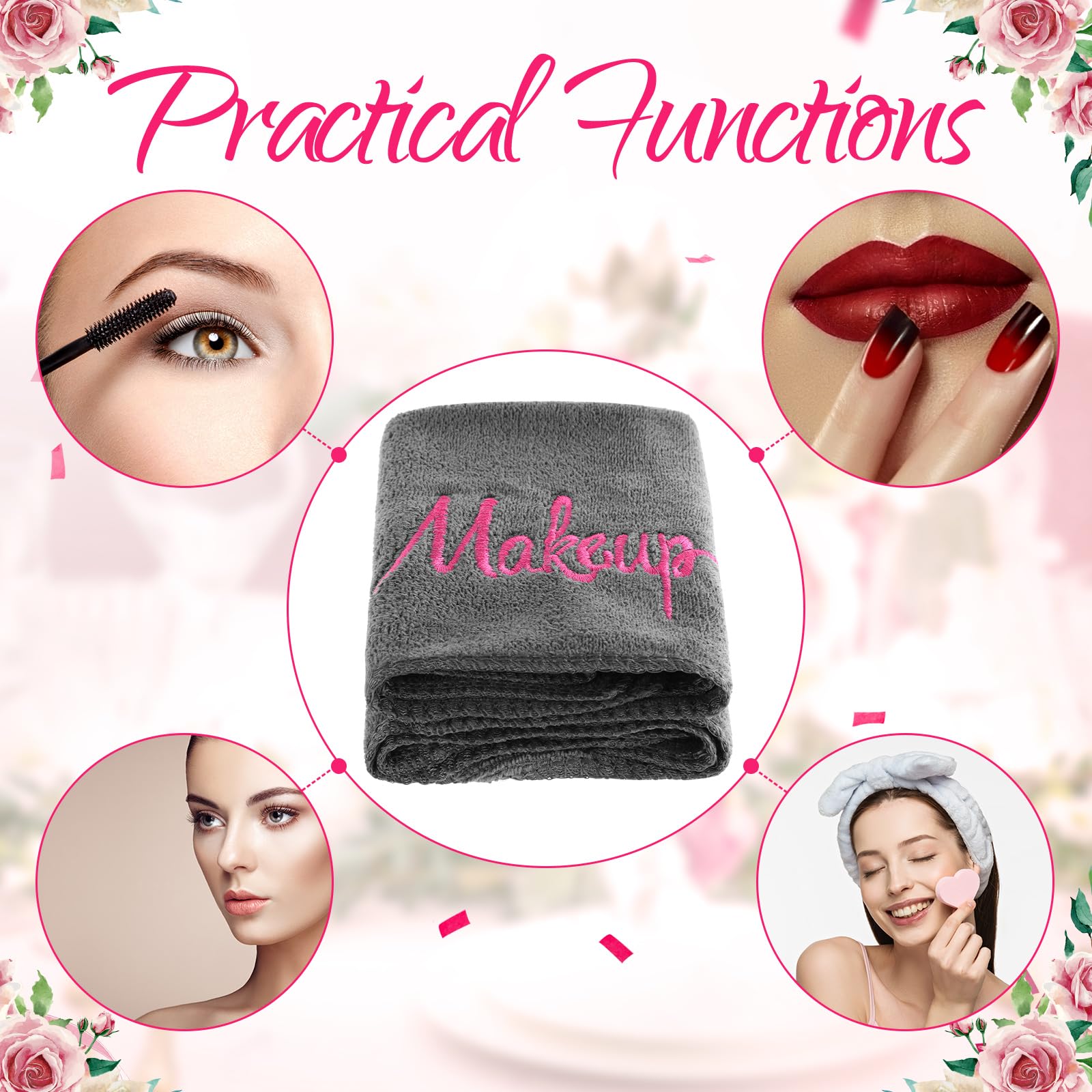 Preboun Paquete de 96 paños desmaquillantes, toallas de maquillaje de 13 x 13 pulgadas, toallas faciales de microfibra suave a granel, paños de maquillaje reutilizables con bordado de maquillaje para