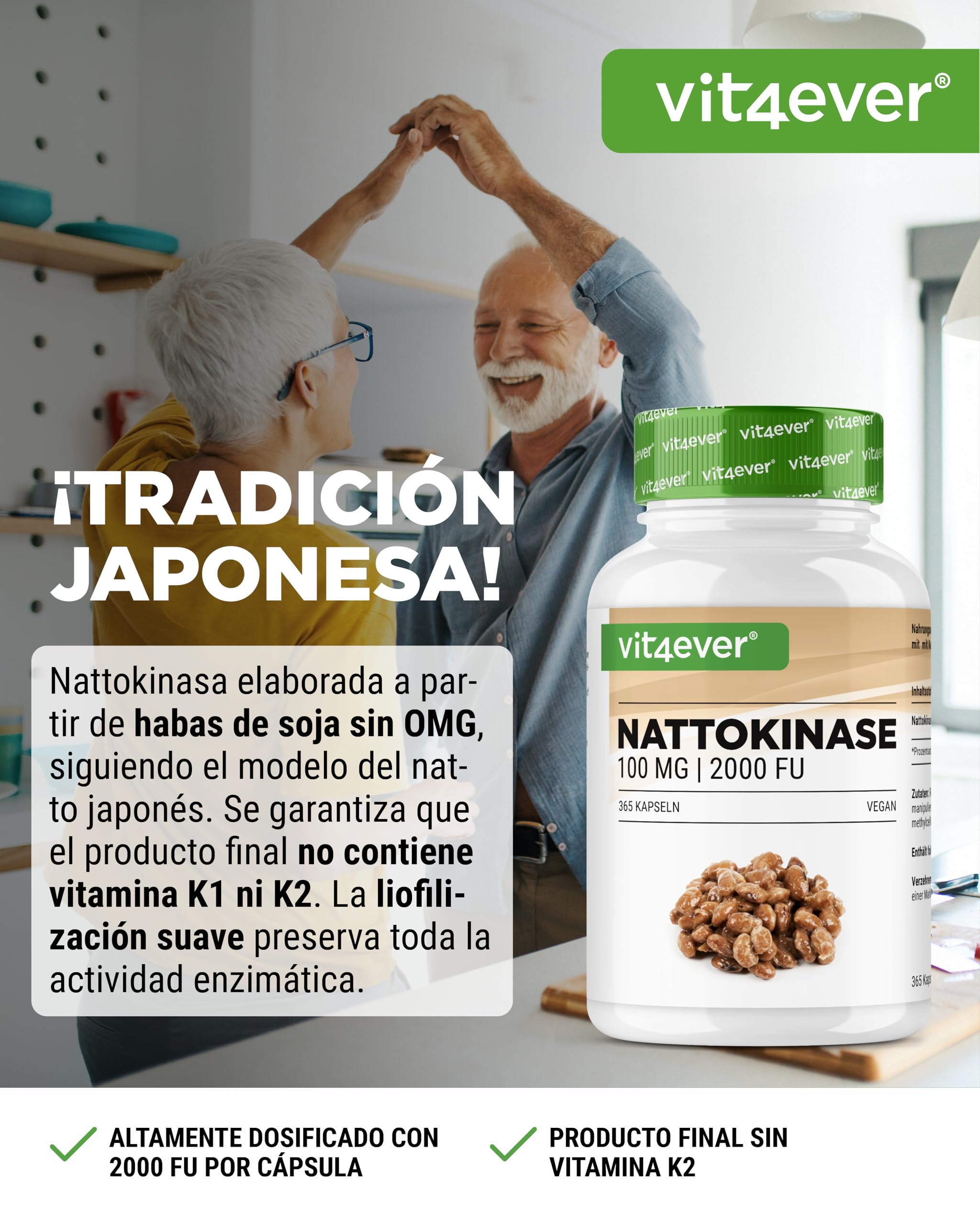 vit4ever Nattokinase - 365 Cápsulas de 100 mg Nattoquinasa (20.000 FU/g) - Suministro para 12 Meses - Alta Dosis - Vegano - Sin OMG - Sin Aditivos No Deseados
