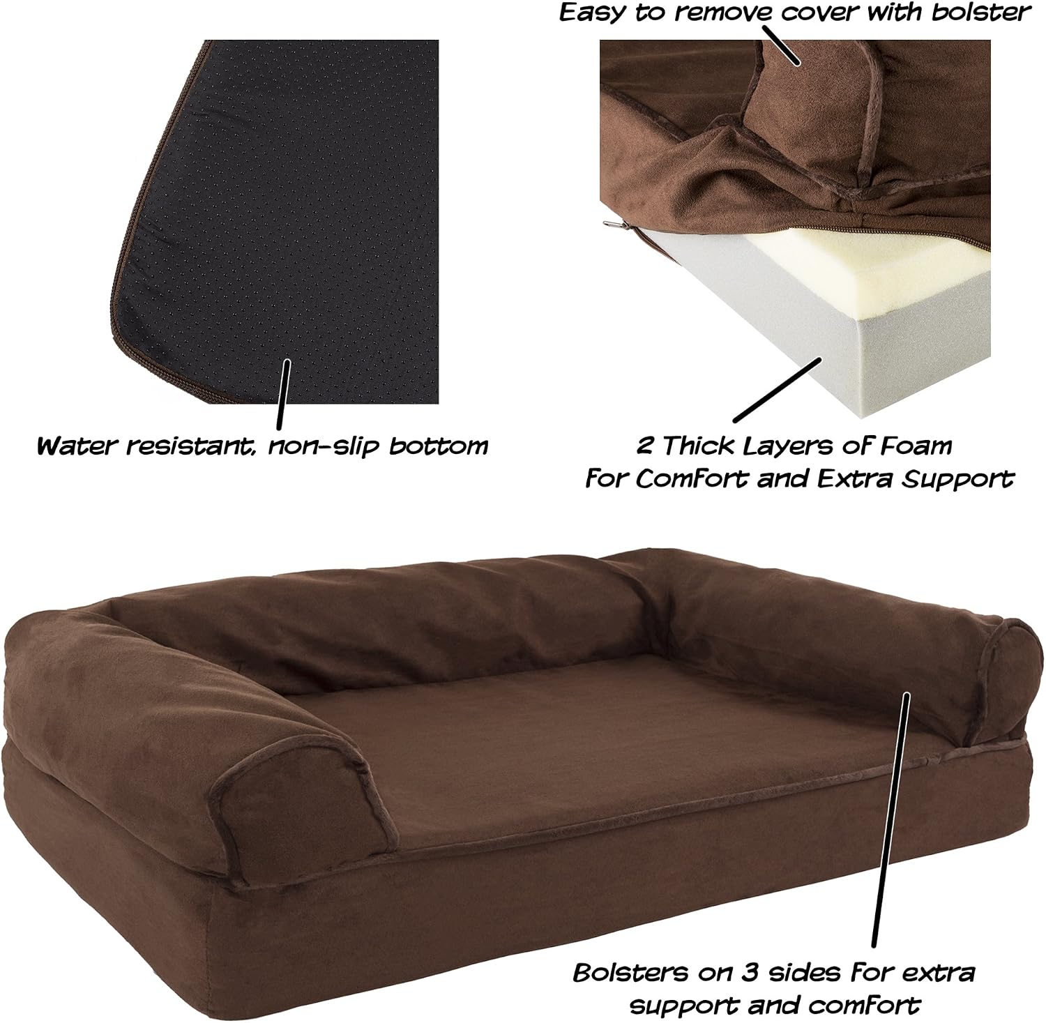 PETMAKER Orthopedic Pet Sofa Bed with Memory Foam and Foam Stuffed Bolsters 30x20.5x7.5 Brown (80-PET5093B)