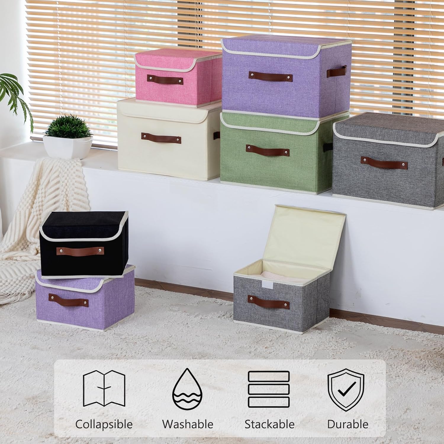 Storage Bins Box with Lids Decorative Cotton Linen Fabric Baskets Cubes with Handles PP Plastic Board Foldable Washable Lidded Clothing Shelf Closet Organizer Container (Light Green, Small)