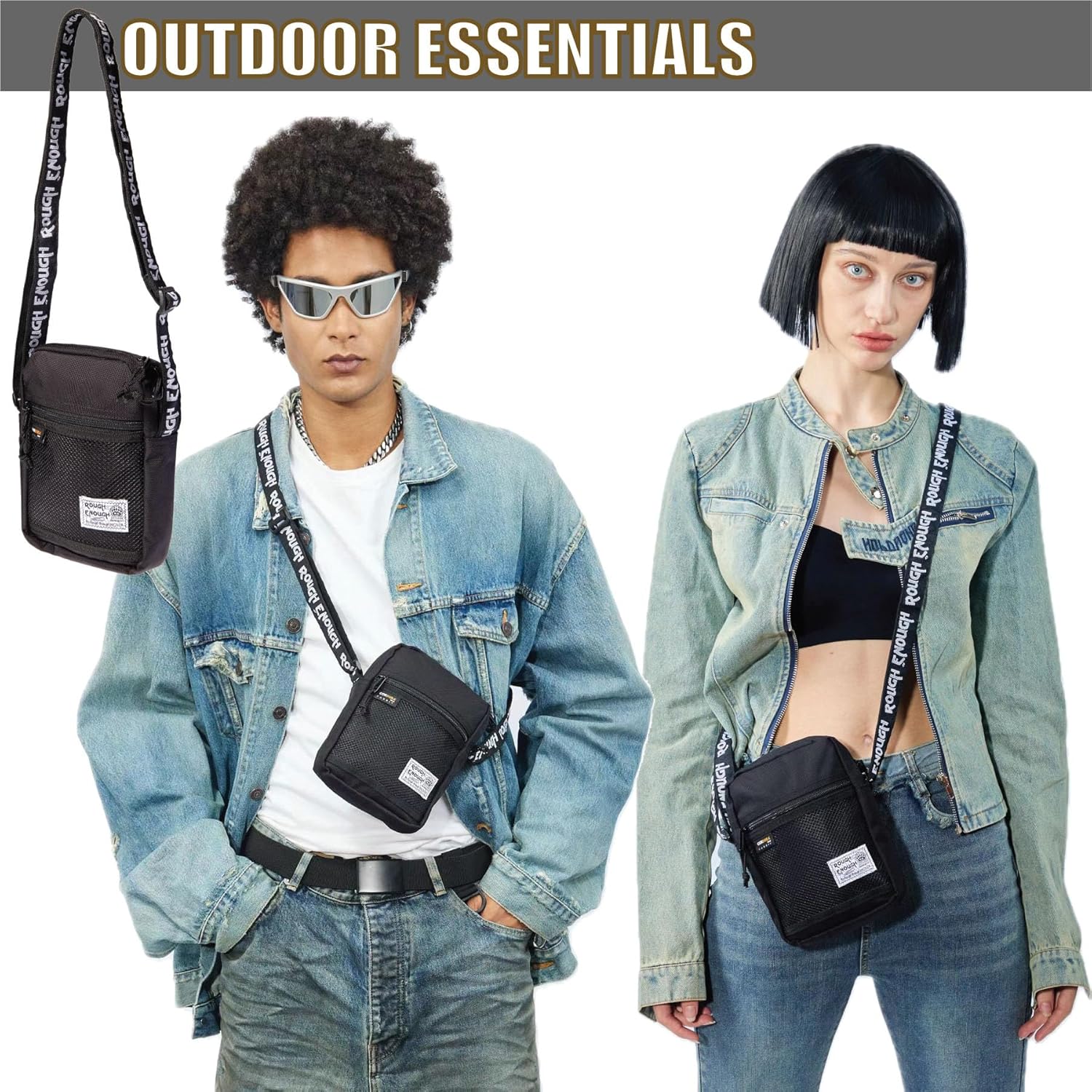 Rough Enough Black Small Crossbody Shoulder Bag for Women Men Boys Girls Travel