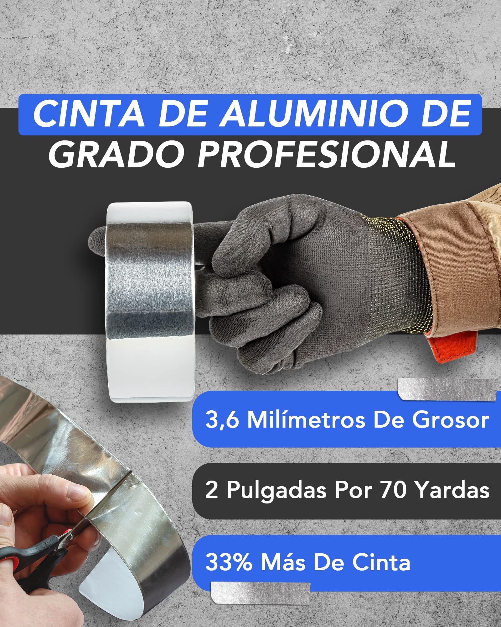 Cinta adhesiva aluminio profesional, 2"x210 pies (70 yd) para HVAC, sellado y reparación de ductos de aire y metal caliente/frío (paquete de 2)