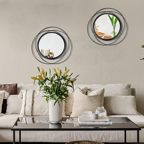 Miniatura 6 de Cityelf Juego de 2 espejos circulares negros de 33.7 cm, marco de hierro, decoración de pared del hogar, espejos redondos colgantes para sala de