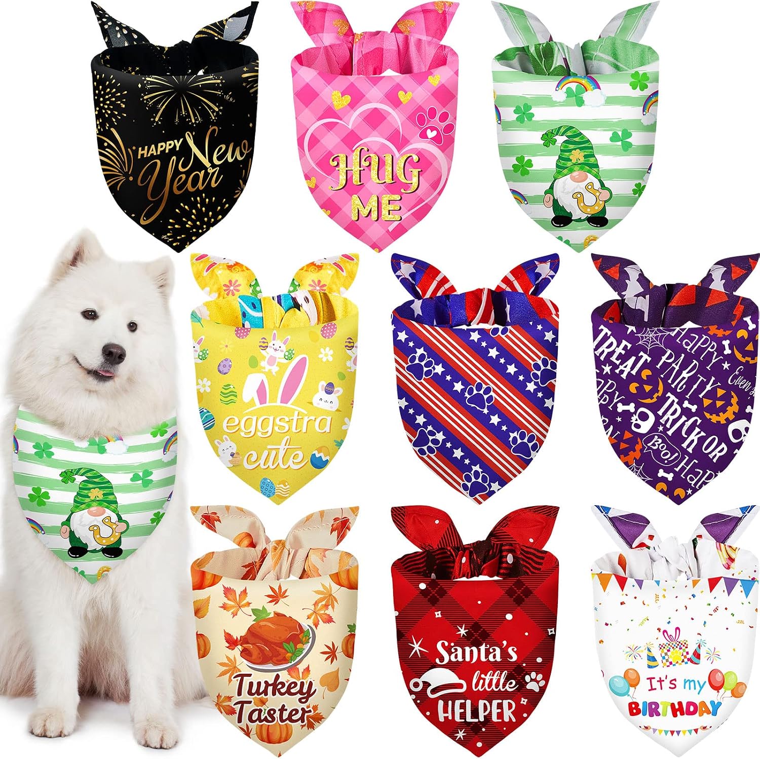 Weewooday 9-Pack Holiday Dog Bandanas - St. Patrick's Day, Easter, Birthday, Halloween & More - Adjustable Washable Scarves for Large Dogs