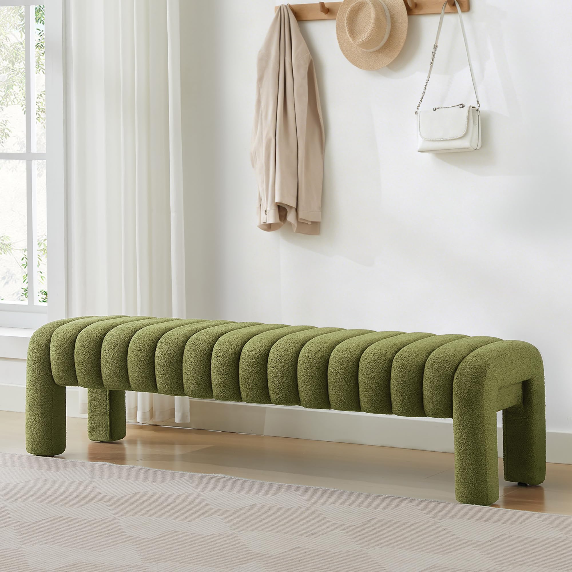 JIRAIN 63’’ Bedroom Bench, Modern Entryway Bench with Solid Wood Legs, Upholstered End of Bed Bench with Full Covered Fabrics for Bedroom, Dining Room