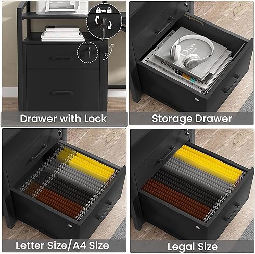 Miniatura 7 de Saranya 18 Shop - Escritorio de oficina negro moderno con cajones de archivos y estante para monitor, estantes de escritura, oficina en casa,