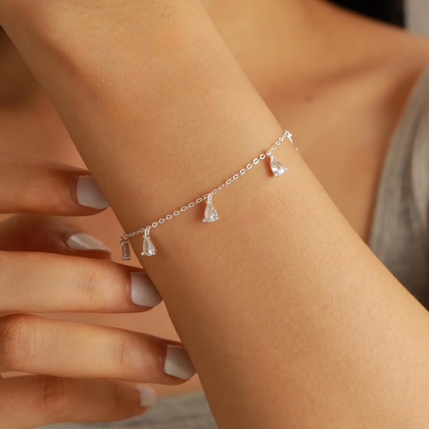 Dainty 925 Sterling Silver Teardrop Cubic Zirconia Charm Bracelet for Women Crystal Multi Teardrop Cluster Link Chain Bracelet to Daunghter Mom Wedding Valentine's Day Bridal Prom Jewelry Gift for Her - Image 3