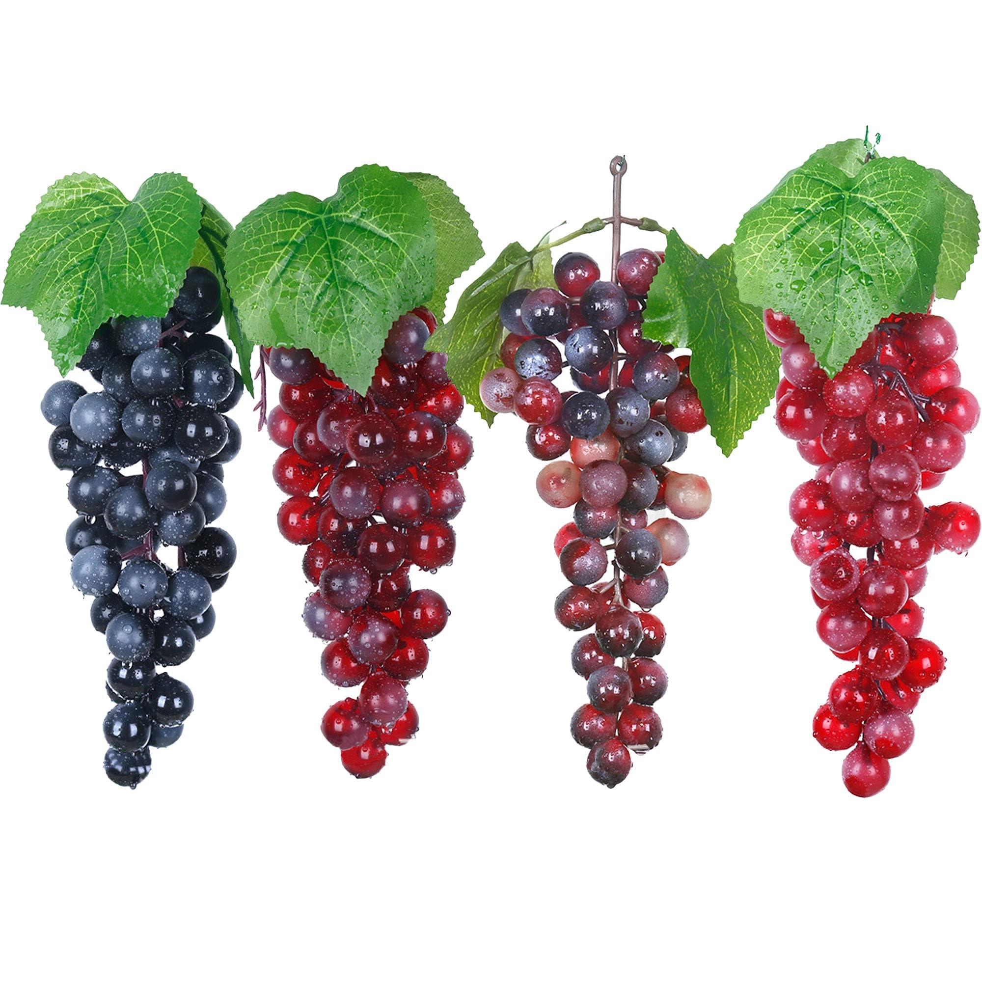 4 Pack Artificial Grape Cluster Frosted Grape Bundles Decorative Fake Grapes with Vines, 4 Color Decorative Grapes Bunches for Vintage Wedding Party Decoration Photography
