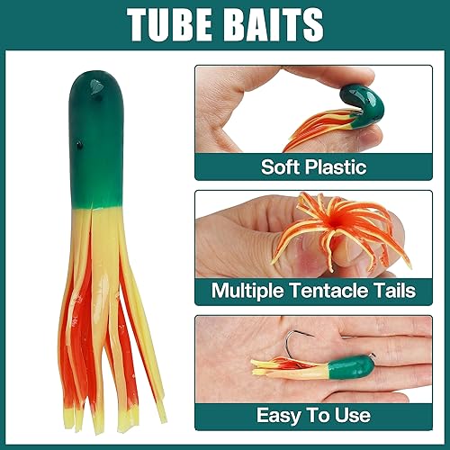 Miniatura 3 de Kit de cabezas de tubo de cebo de tubo, 60 piezas de señuelos de tubo de crappie, juego de anzuelos de plástico suave para gusanos, plantillas de