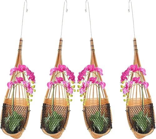 4 PCS Handmade Bamboo Hanging Orchid Planter, 5 Inch Woven