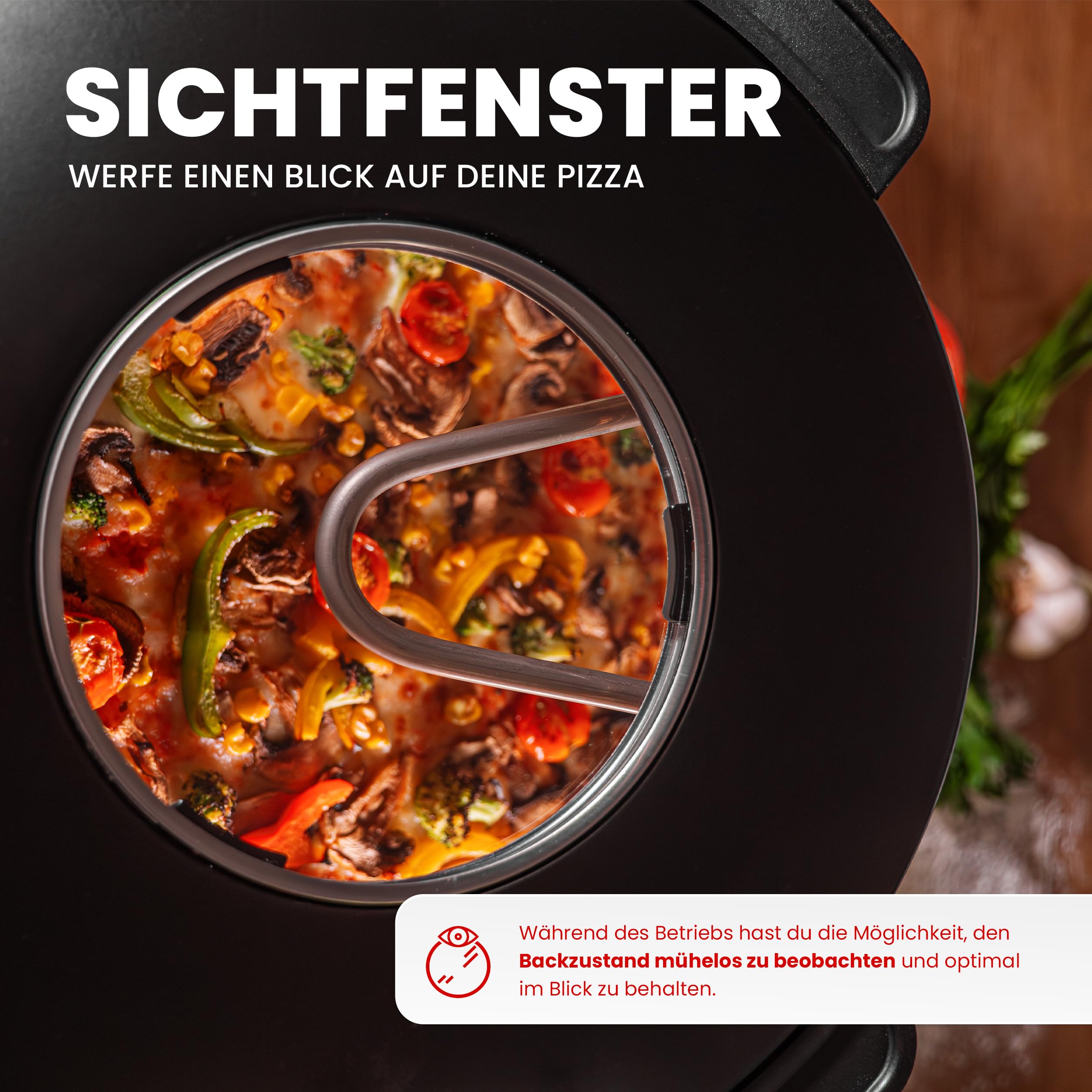 Pizzaofen elektrisch mit Pizzastein – Pizzamaker 1200W bis 400 Grad – Elektrischer Ofen für Zuhause & Outdoor – Timer & Sichtfenster – Mini Backofen für Pizza wie vom Steinofen