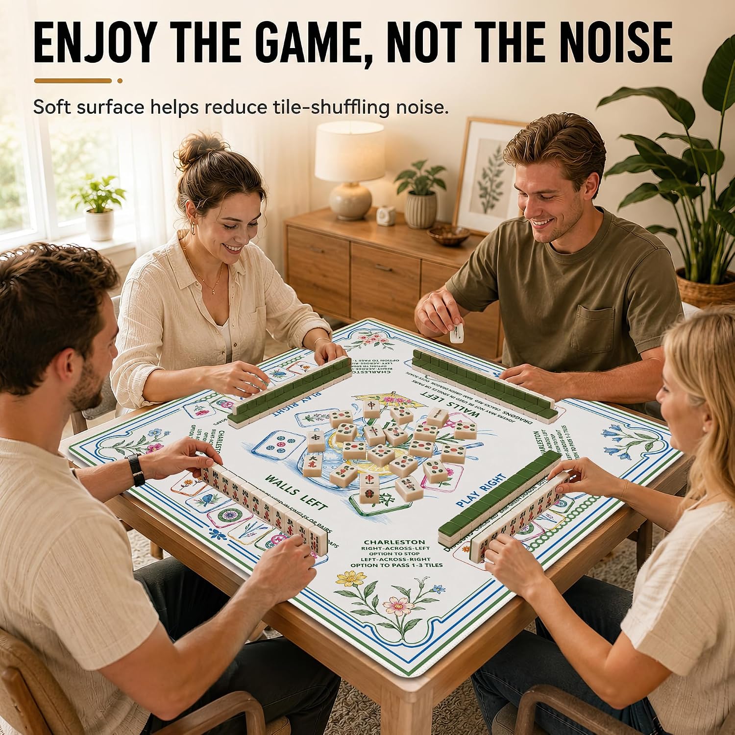 Summer Garden Mahjong Mat with Rules Non-Slip Noise Reduction Gaming Mats with Carrying Bag, American Mahjong Table Cover for Poker Board Card Games Dominoes, 31.5” x 31.5”
