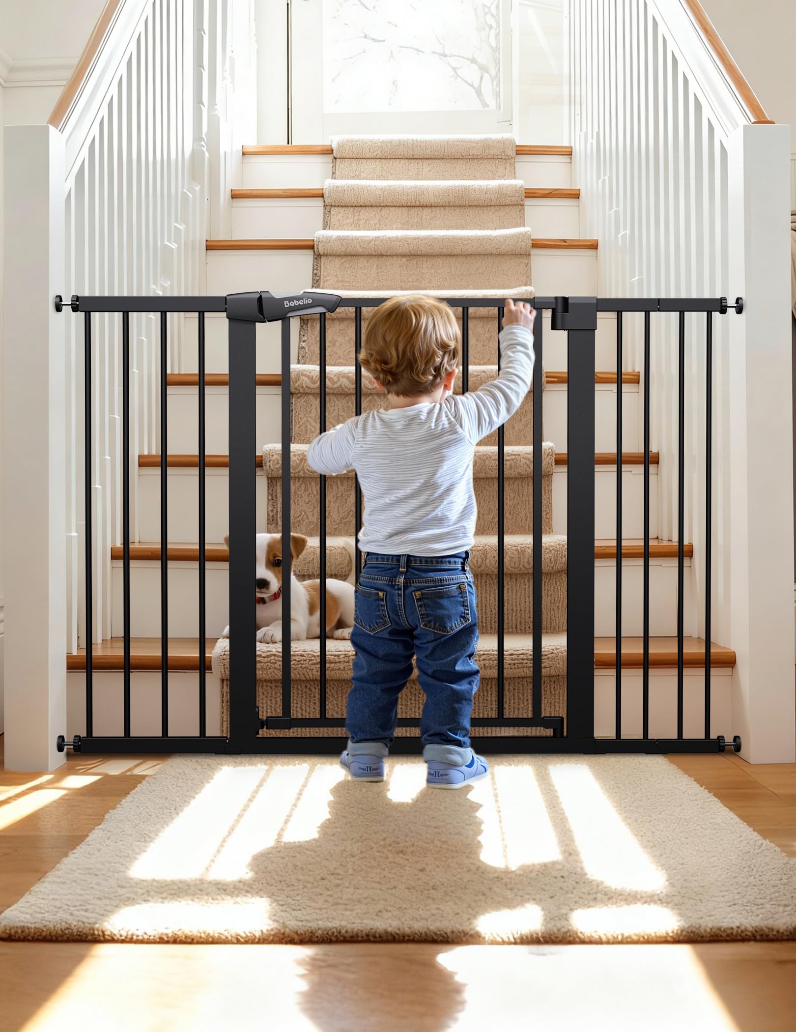 BABELIO Extra Wide Baby/Dog Gate PressGuard P7, 29-55" Auto Close for The House and Doorway, Safety Pressure Mounted Pet Door, NO Need Tools and Drilling, Black