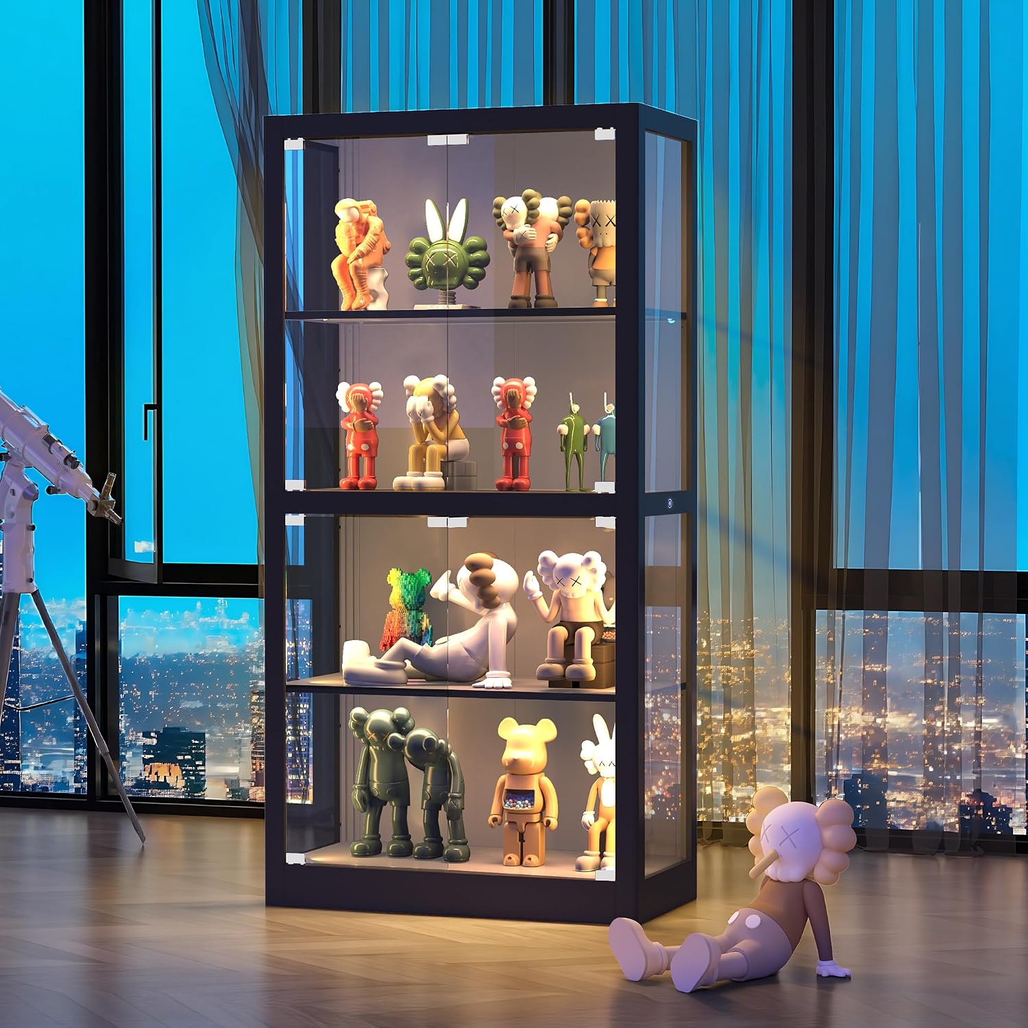4-Tier Curio Display Cabinet with Glass Doors, 3 Color Temperatures LED Lights for Collectibles, Lego, Action Figures & Trophies, Glass Display Case with 4 Shelves Storage Cabinet (Black)