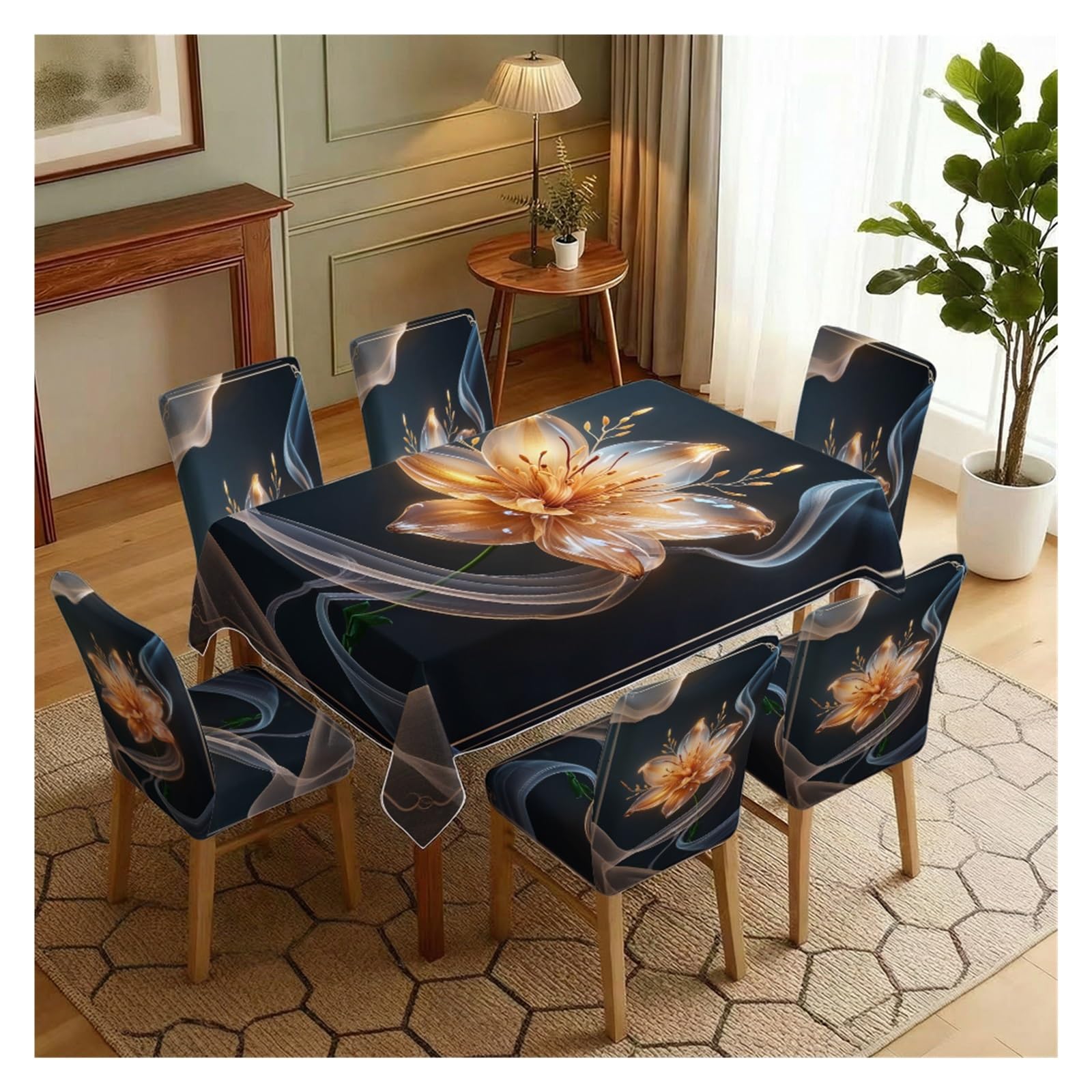 KXUAUV Dark Background Glowing Golden Lily Ribbon Print Stretch Dining Chair Slipcover & Tablecloth Set, Elegant Modern Luxury Dining Decor, 5/7 Pack Party Decor(7pcs Set: Tablecloth+Chair Covers)