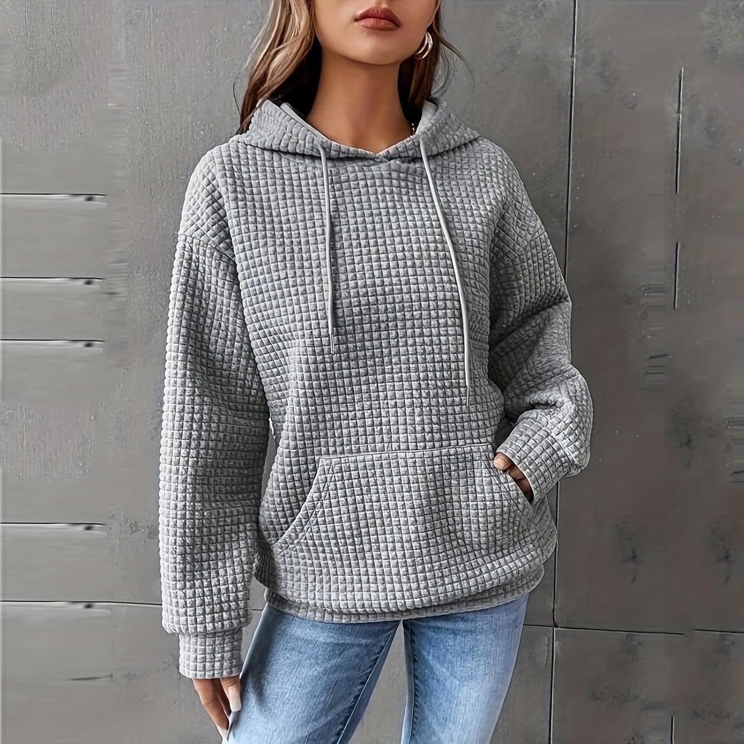 Plus Size Tops for Women Waffle Knit Warm Oversized Hoodie Winter Long Sleeve Hooded Fall Sweatshirt with Pockets - Image 4