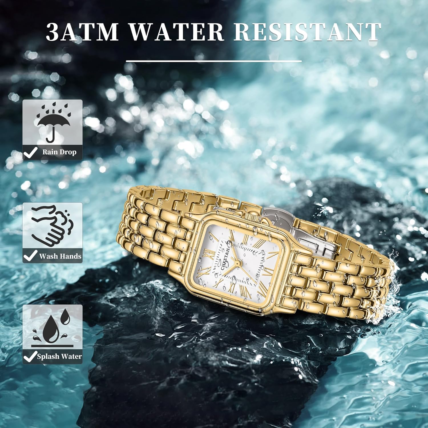 CHEETAH Gold Watches for Women with Vintage Rectangular Case,26mm Case Diameter,Black Roman Numerals,Metal Steel Band,3ATM Waterproof