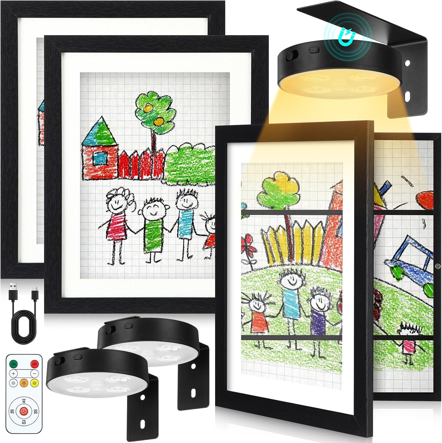 Gerrii 3 Set Art Frames with Top Light Artwork Frame Changeable Front Opening Painting Holds Wall Storage Picture Holder with Battery Operated Light(White,8.5 x 11 Inch)