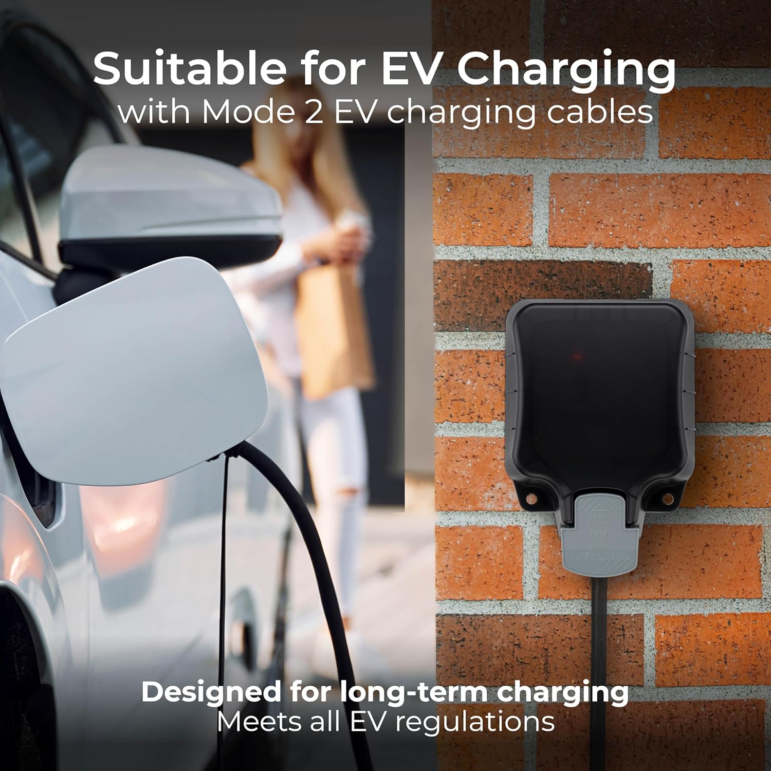 Outdoor socket installed on a brick wall, with an EV charging cable plugged in, leading to an electric vehicle.