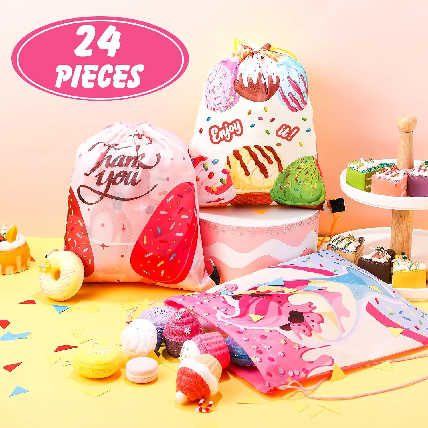 Talltalk 24 Pcs Ice Cream Party Favor Bags Cute Summer Ice Cream Drawstring Backpacks Reusable Candy Goodie Snack Treat Gift Bag for Girls Boys Summer Pool Birthday Party Wedding Decorations