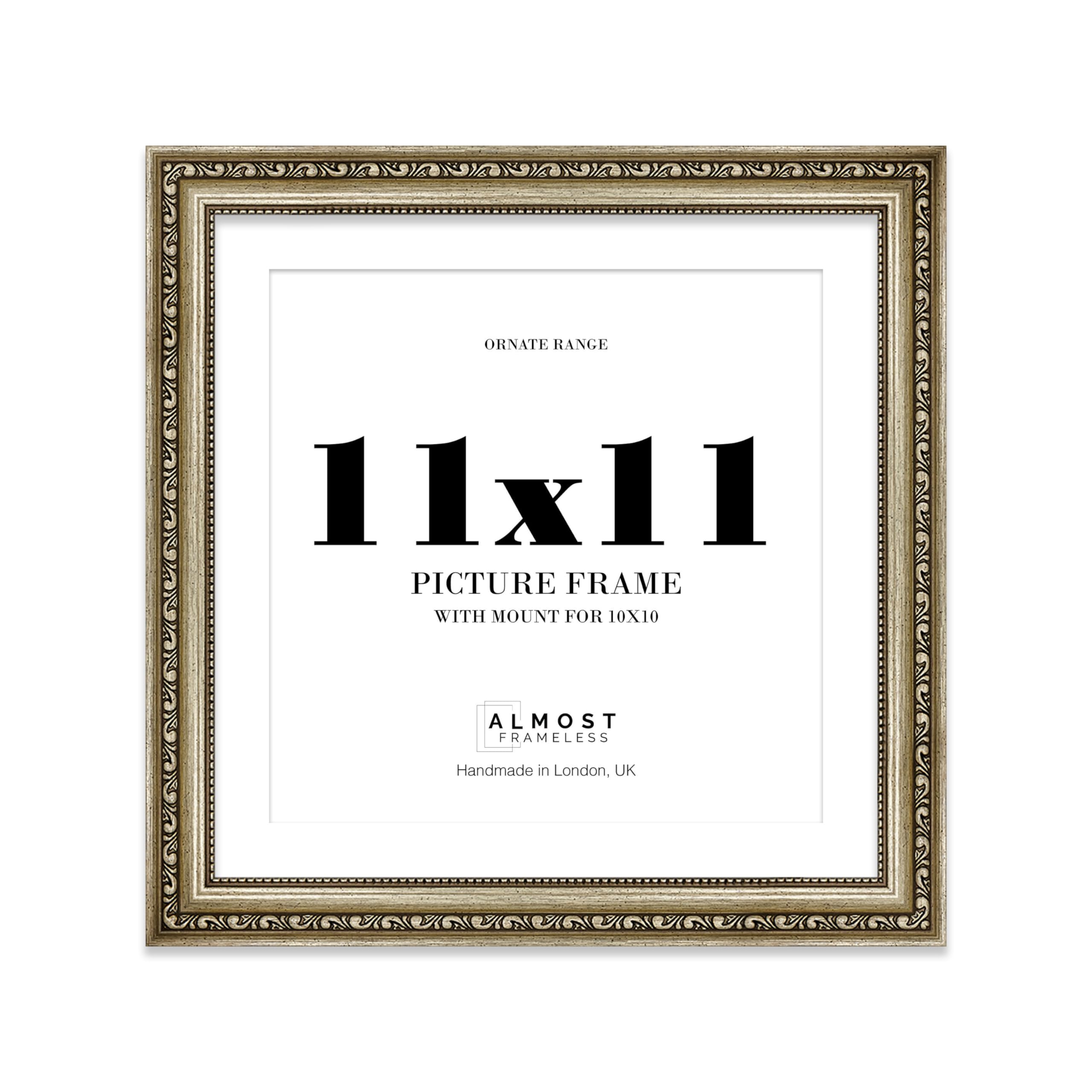 11x11 Champagne Silver Ornate Photo Frame With White Mat For 10x10 Picture, Ready to Hang or Stand, 1 Pack