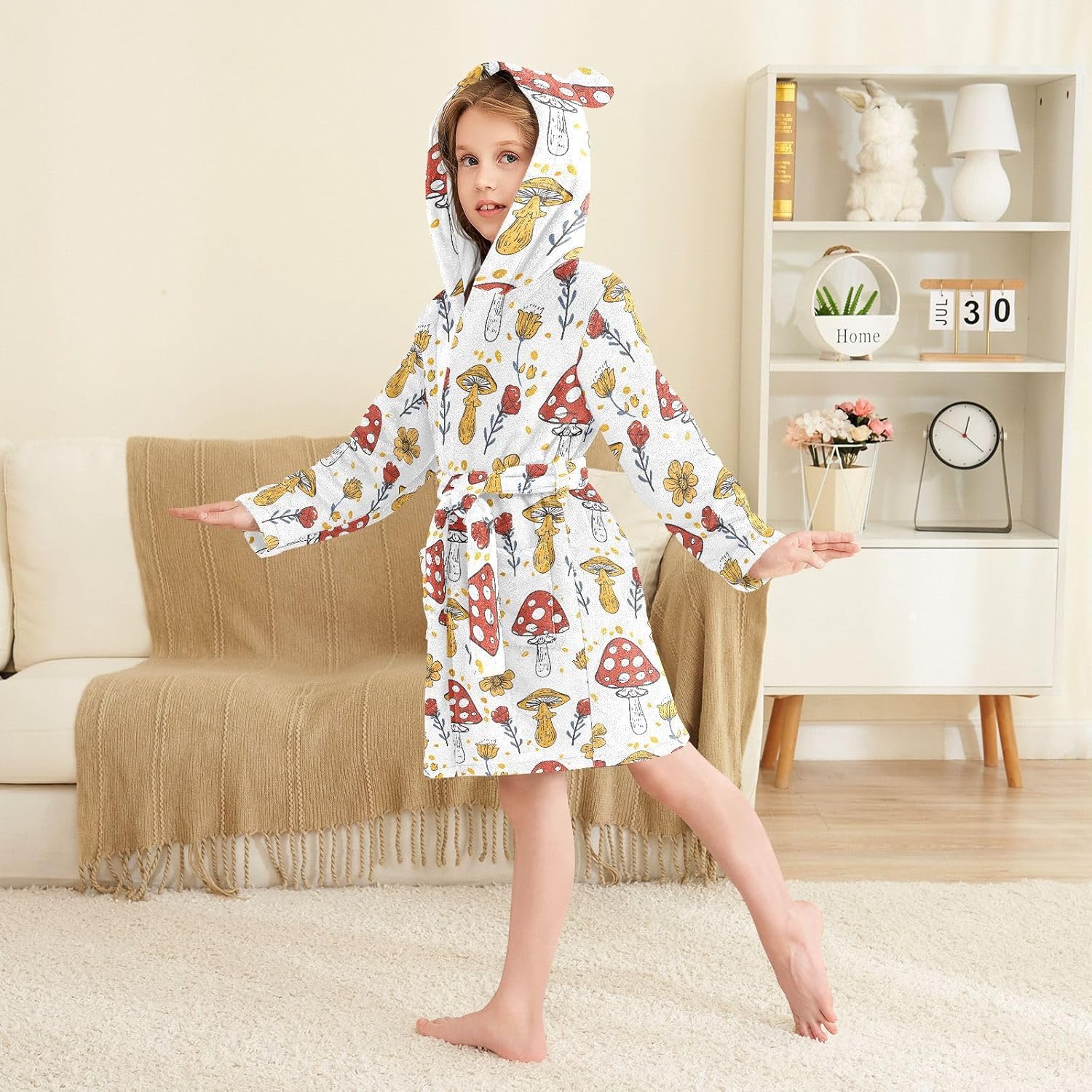 senya Mushroom and Sunflower 1 Toddler Hooded Bathrobe Kids Soft Plush Bath Towel Robes for Boys Girls 2-12 Years