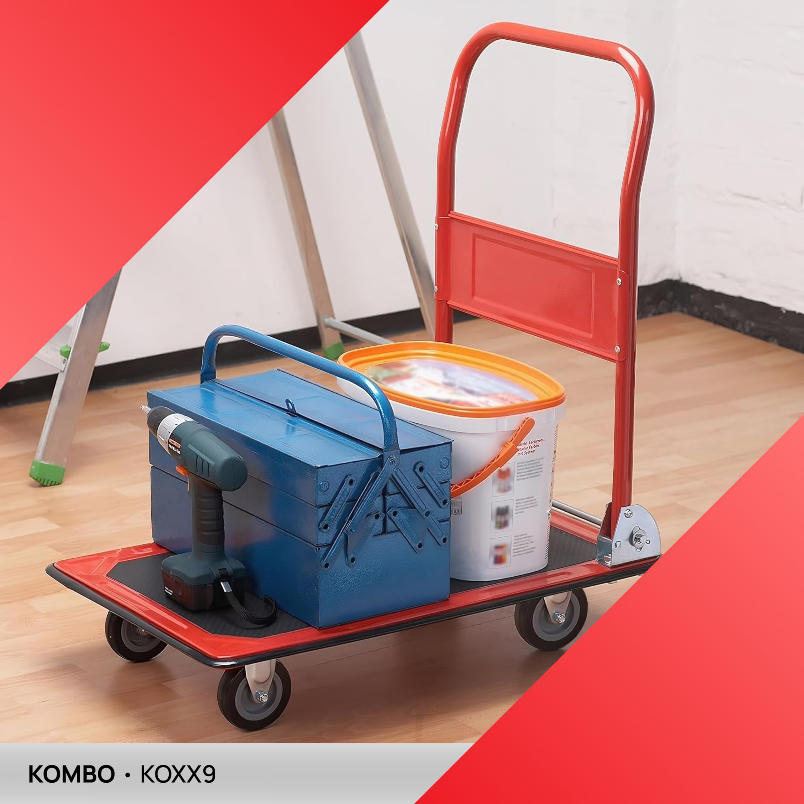 KOMBO Carro con ruedas portatodo plegable con plataforma de acero y protector de esquinas de PVC – Carga 150 kg, ruedas giratorias, asa abatible, ideal para transporte de mercancías y almacén