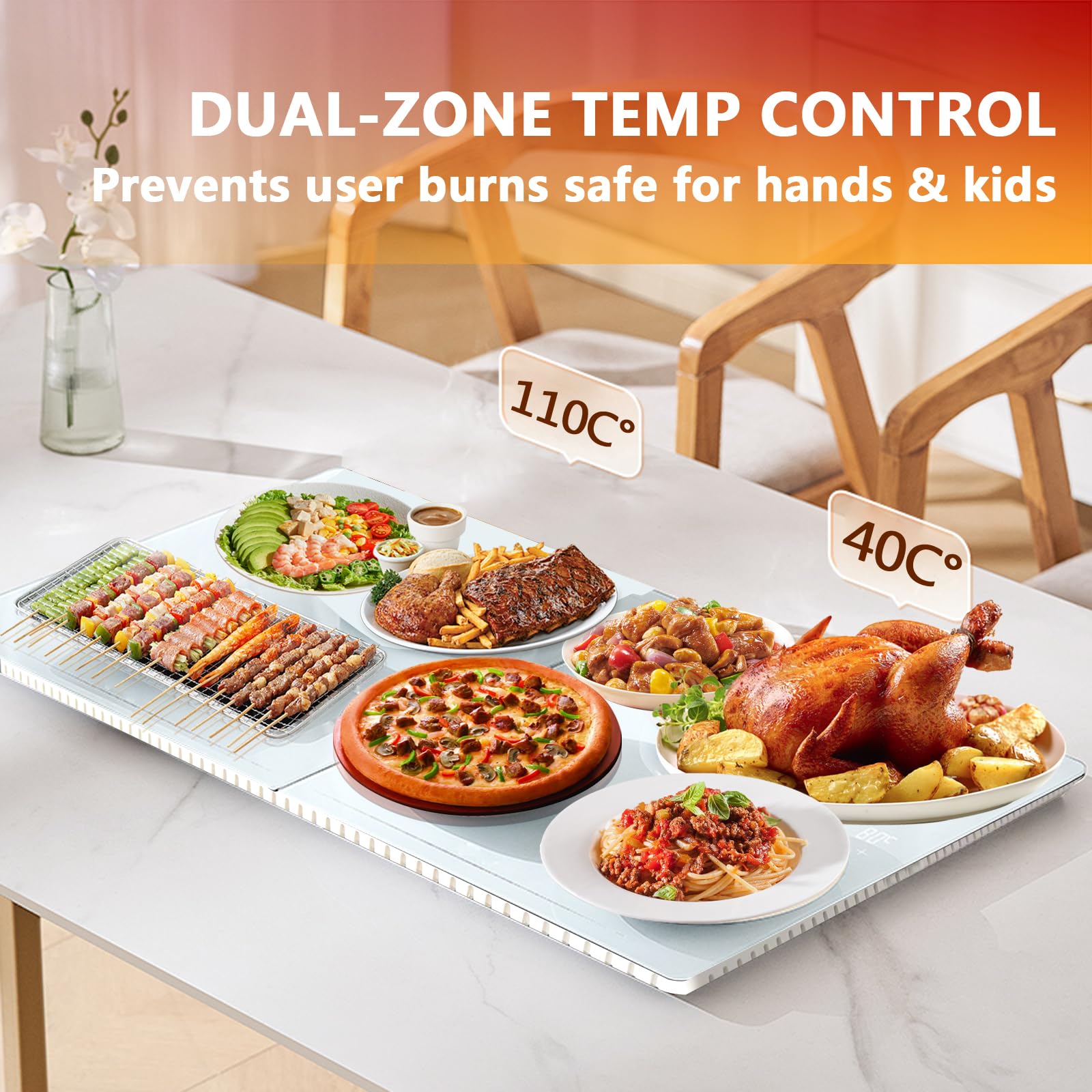 Bandeja calentadora de alimentos de doble zona, placa de calentamiento de escritorio ensamblable con control táctil, bordes resistentes al calor y base aislada, superficie a prueba de manchas para