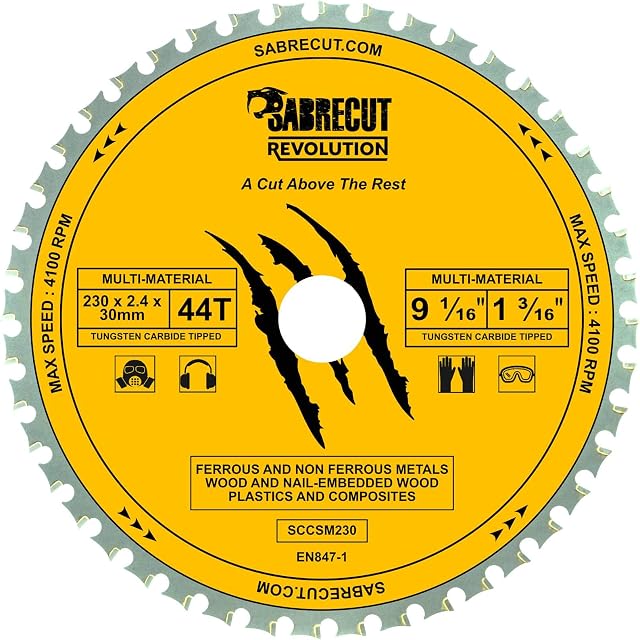 1 x SabreCut SCCSM230_44 230mm 44T x 30mm 25.4mm 20mm 16mm Bore Multi-Material Metal Wood Plastic Circular Saw Blade Compatible with Bosch Dewalt Makita Milwaukee and Many Others