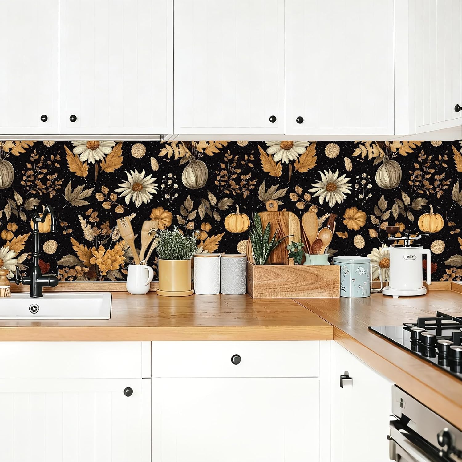 Vivid Floral Wallpaper Peel and Stick Self Adhesive Dark Black Yellow Watercolor Pretty Leaf Pumpkin Contact Paper Removable Waterproof for Bedroom Renter Friendly 17.71"x118.1"