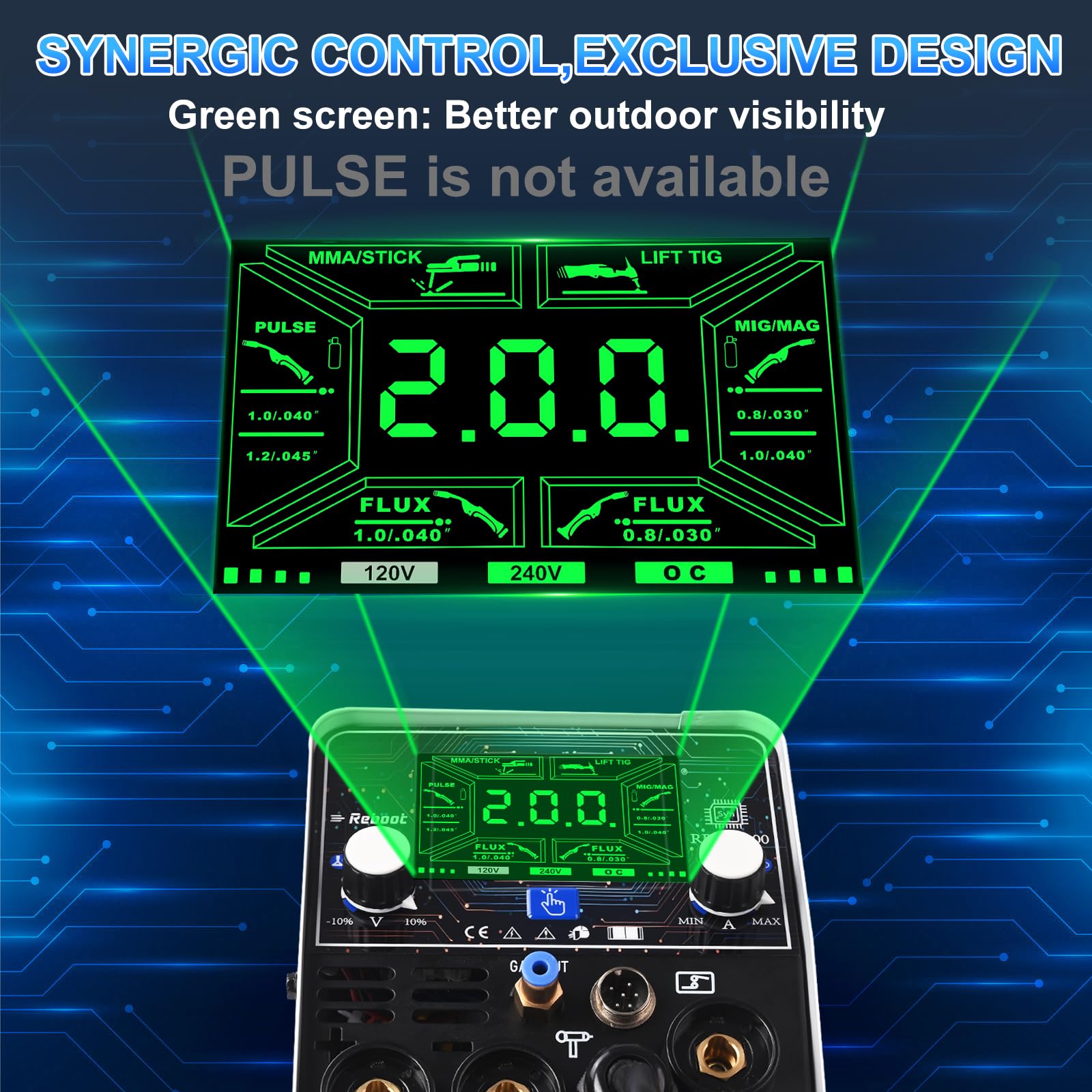 Soldadora MIG 200A 5 en 1 – Inverter Sinérgica con MMA, MIG Gas/Gasless, Lift TIG, Soldadura por Puntos – Pantalla LED, Regulación Velocidad Hilo – RBM2000 PRO