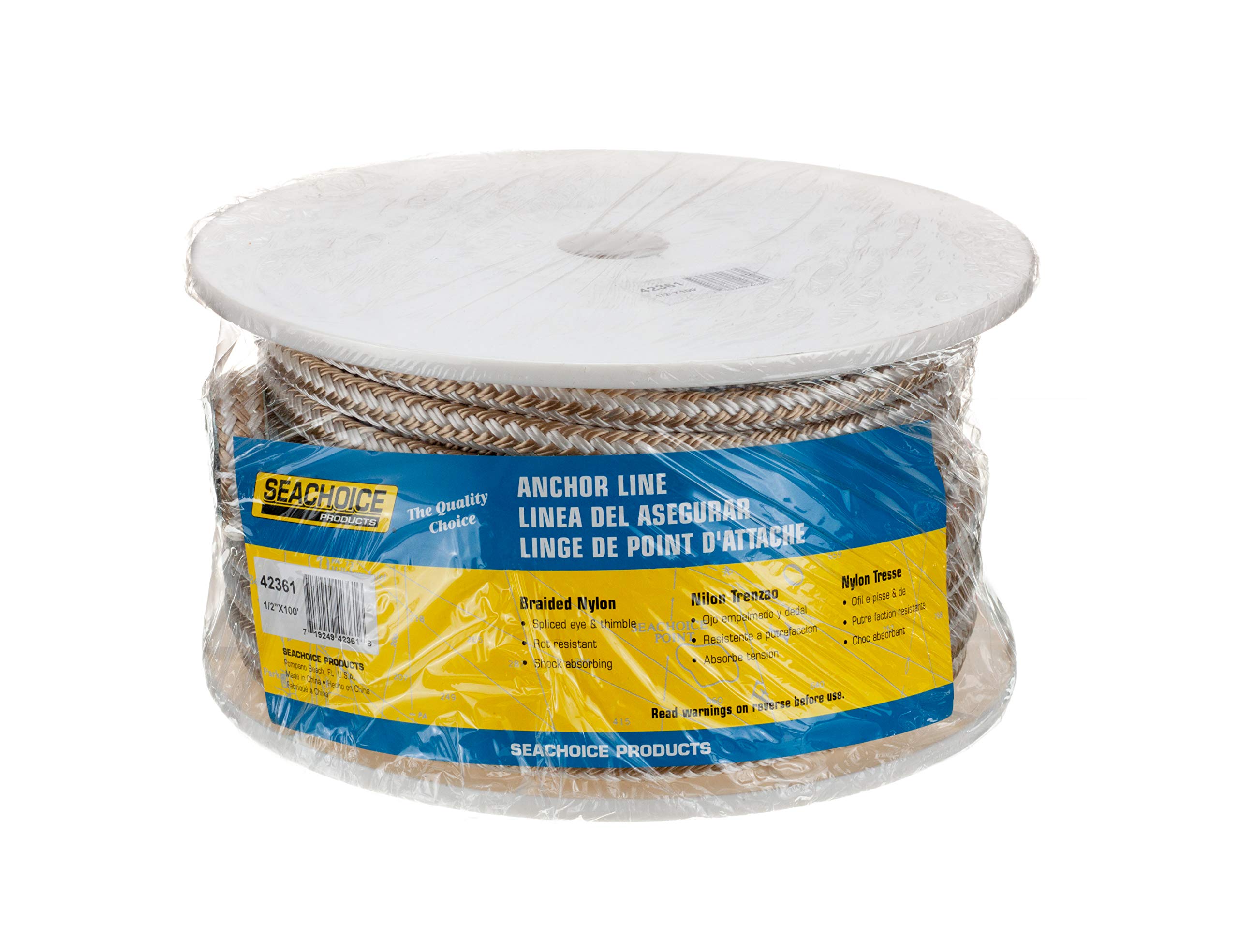 Seachoice Cuerda de Anclaje para Barco, Doble Trenza, Nailon, línea Achor, 1/2 Pulgada x 100 pies, Dorado/Blanco