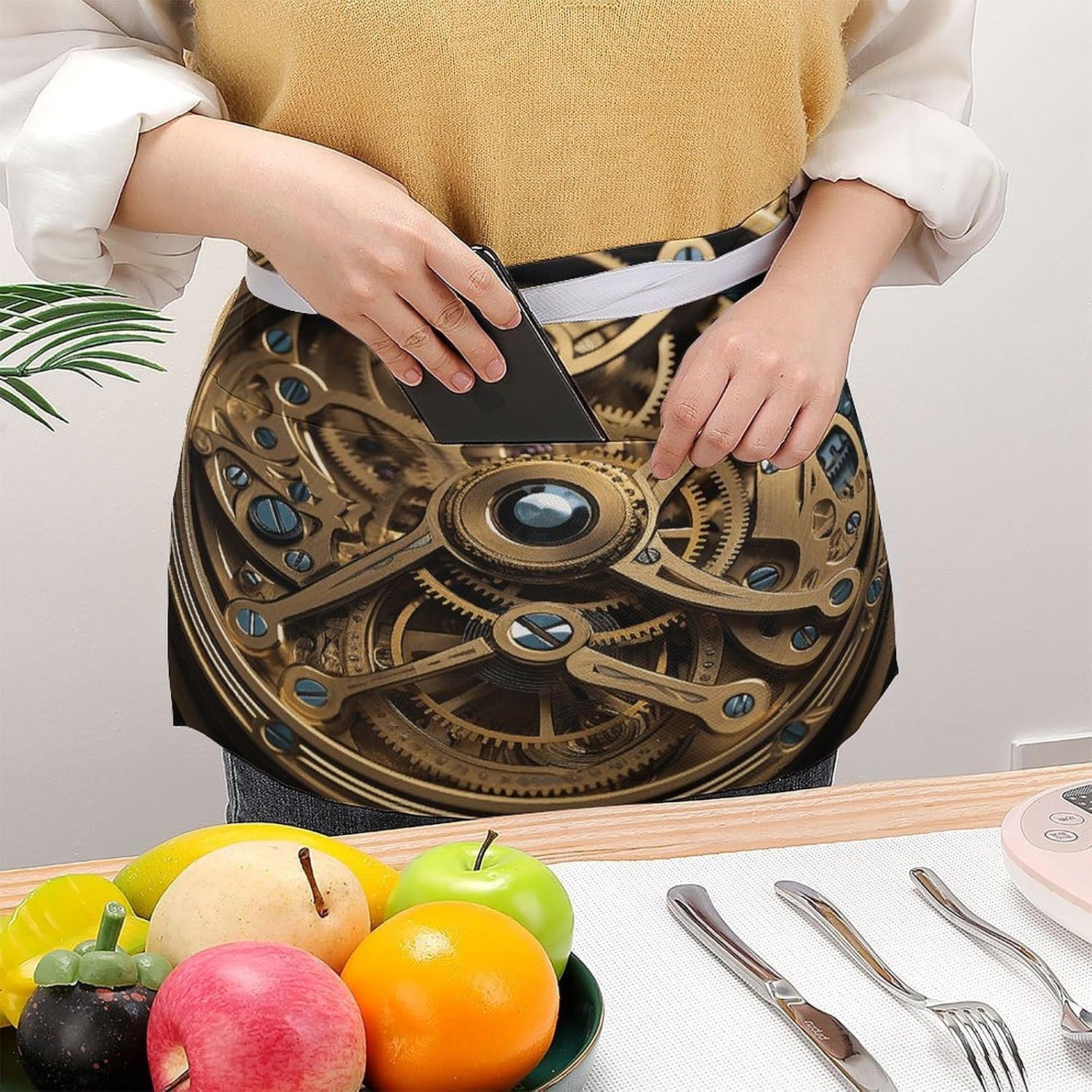 Cool Steampunk Gears Server Apron with 3 Pockets Fashion Lovely Waist Apron with Long Strap Water Resistant Waitress Aprons Easy to Care Half Aprons for Restaurant Work Home