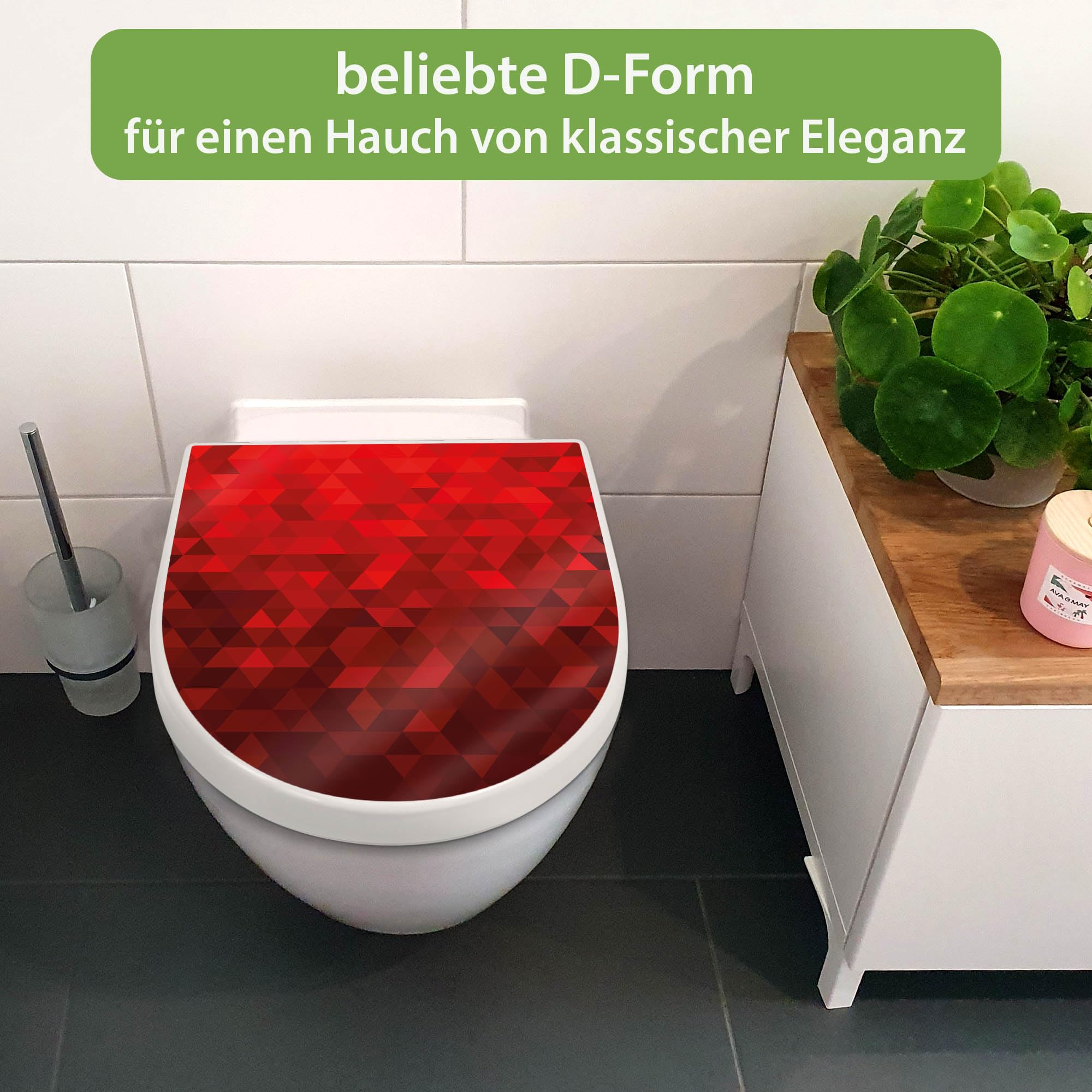 banjado WC Sitz mit Absenkautomatik D Form - Toilettendeckel mit Absenkautomatik D Form - Klodeckel Softclose - stabile Klobrille - Toilettensitz Weiß - Motiv Dreiecke Rot