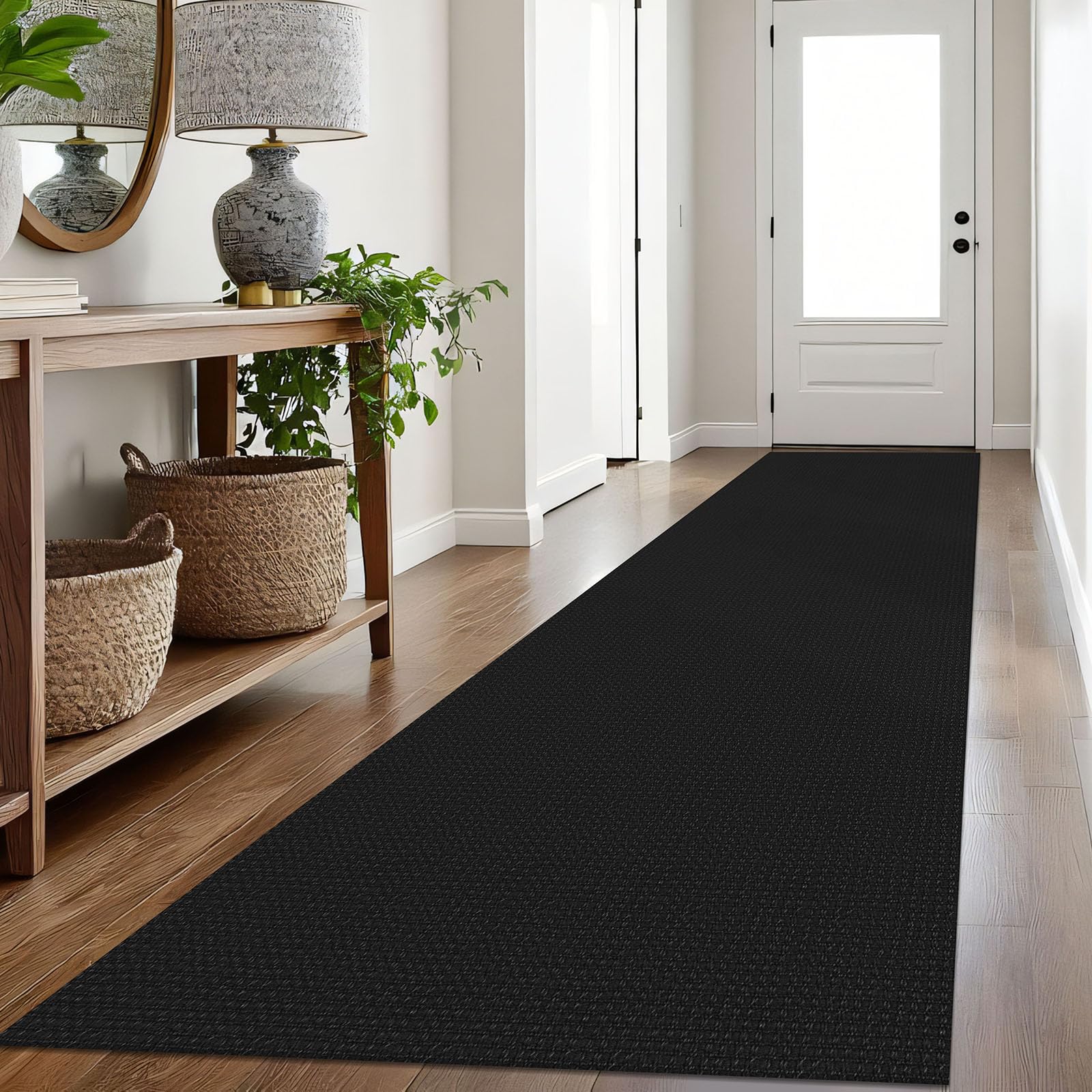 IOHOUZE Washable Exrea Long Hallway Runner Rug 3x16 Non Slip Rubber Backed Kitchen Runner Entryway Runner Indoor, Woven Rugs Floor Carpet for Kitchen Hall Entryway Stair, Black/Grey