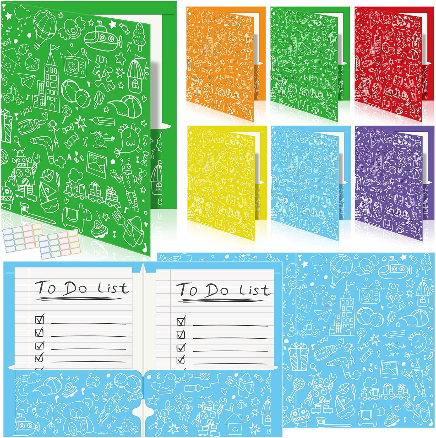 Cinrobiye 24 Pack Inspirational 2 Pocket Folders with 32 Name Labels, Decorative Motivational Letter Size Kids Folders File with Pockets for Office Home Homework Documents Storage Organizer