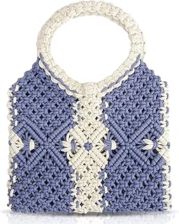 QTKJ Hand-woven Tote Bag, Beach Bag for Women, Knitted Hollow Colored Handbags, Round Bamboo Handle, Rattan Bag for Beach Vacationï¼ˆBlueï¼‰