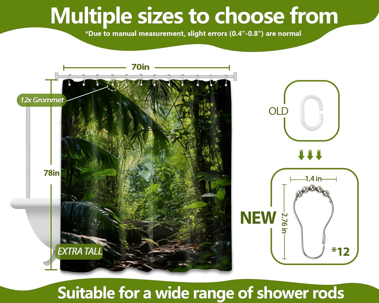 Jungle Shower Curtain Rainforest Tropical Nature Green Forest Scenic Bathroom Decor, Waterproof Cloth Fabric with Hooks 70" Wx78 L