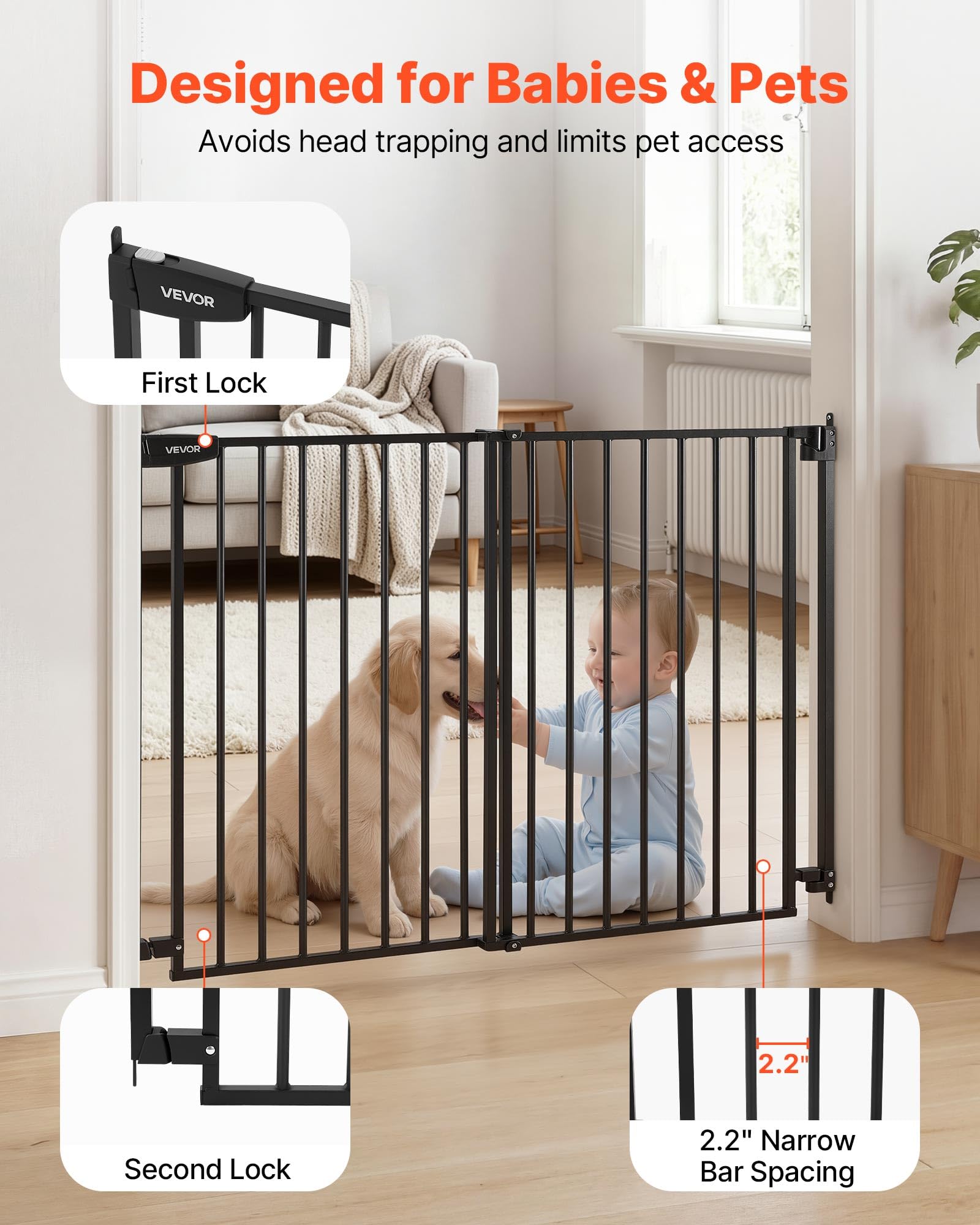 VEVOR Barrera de Seguridad para Niños, Alto de 920 mm, Ancho Ajustable de 778-1210 mm, Valla de Seguridad para Perros y Gatos, con Kit de Accesorios de Montaje, para Escaleras Puertas Hogar, Negro