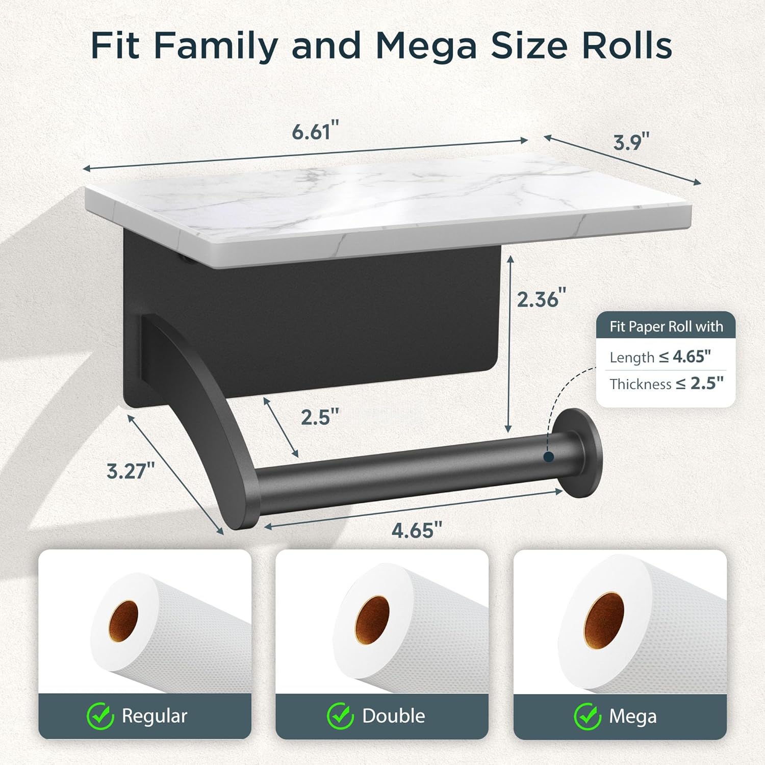 FORIOUS Toilet Paper Holder with Phone Shelf, Natural Marble Wall Mount Tissue Roll Holder for Bathroom, Washroom, 304 Stainless Steel Commercial Toilet Tissue Dispensers with Shelf, Matte Black