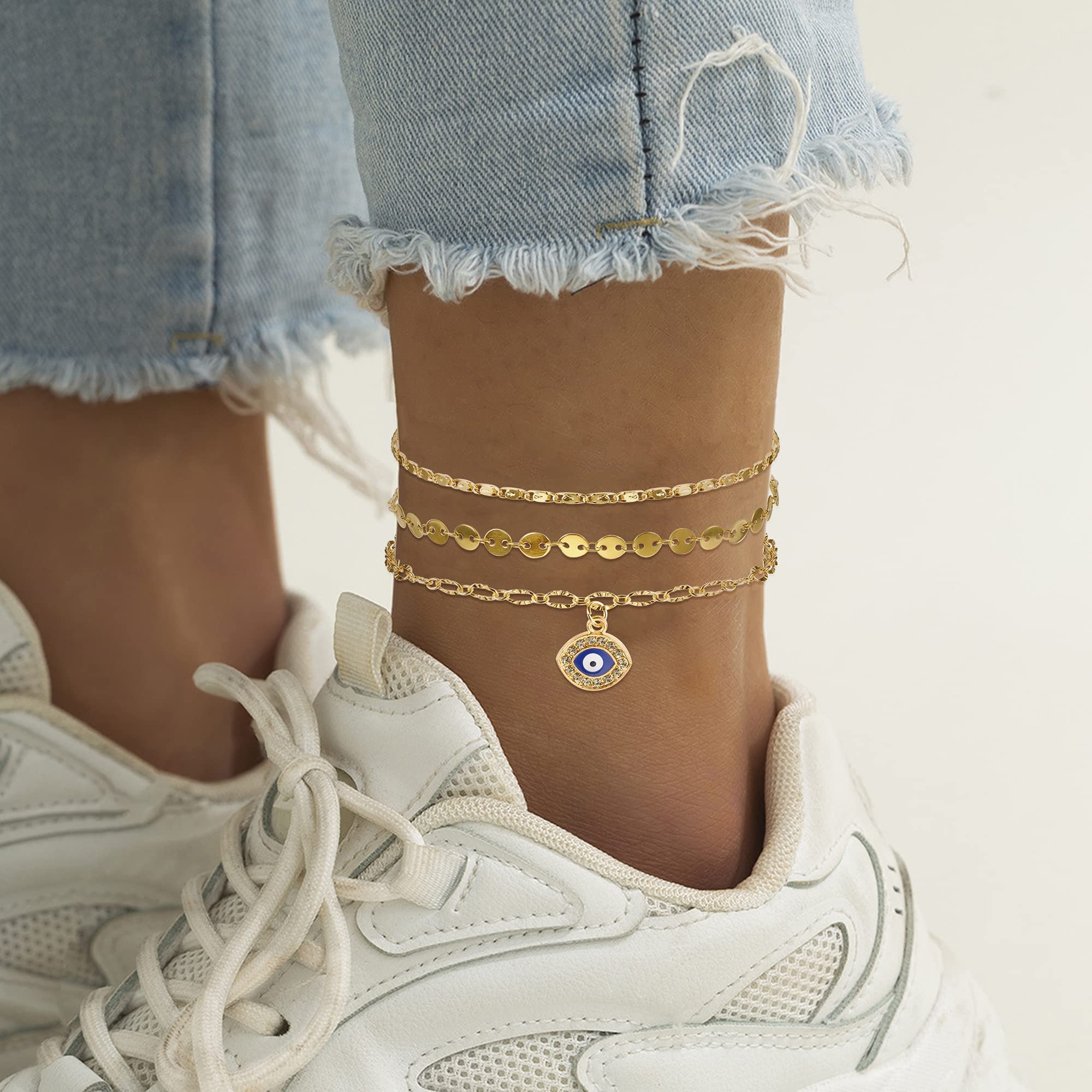CASSIECA 12 Piezas Tobillera Plateado Cadena de Descalzas Juego de Joyería de Pies Tobillos de Playa Ajustable Ojo del Diablo Tenis Cristal Tobillera Zirconia Colgantes Joya Moda Verano para Mujeres — view 7