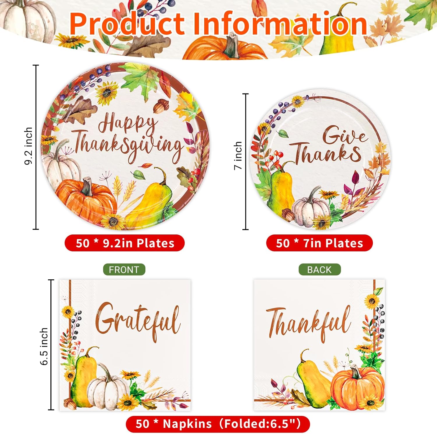 Harvest Thanksgiving Party Supplies, Autumn Pumpkins Theme Dinnerware Set includes 9.2" Dinner Plates, 7" Dessert Plates, 6.5” Luncheon Napkins Thanksful Harvest Plenty Design, Serves 50