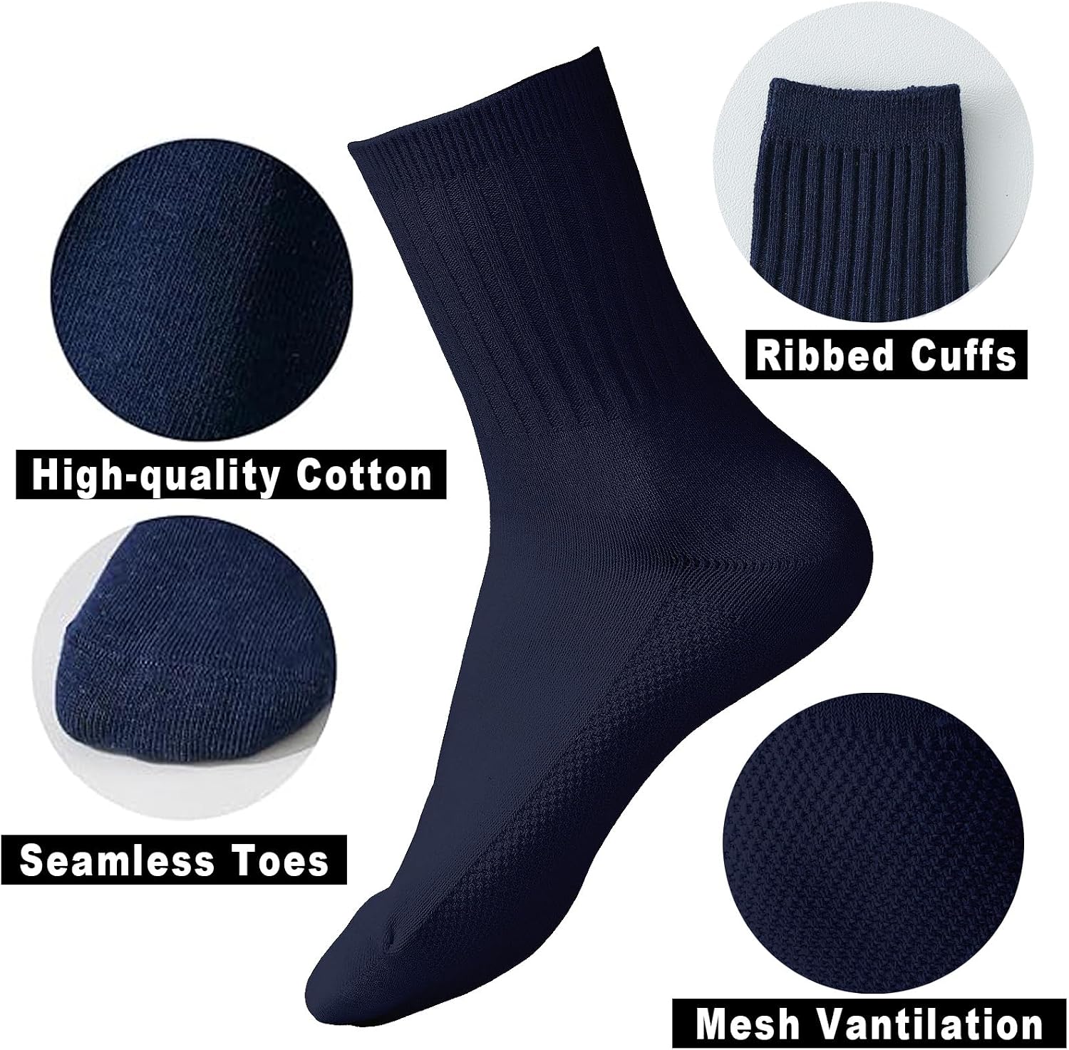 EPEIUS Unisex Kids Crew Socks Boys Dress Socks Soft Cotton Seamless School Uniform Socks for Girls White Navy 5 Pairs