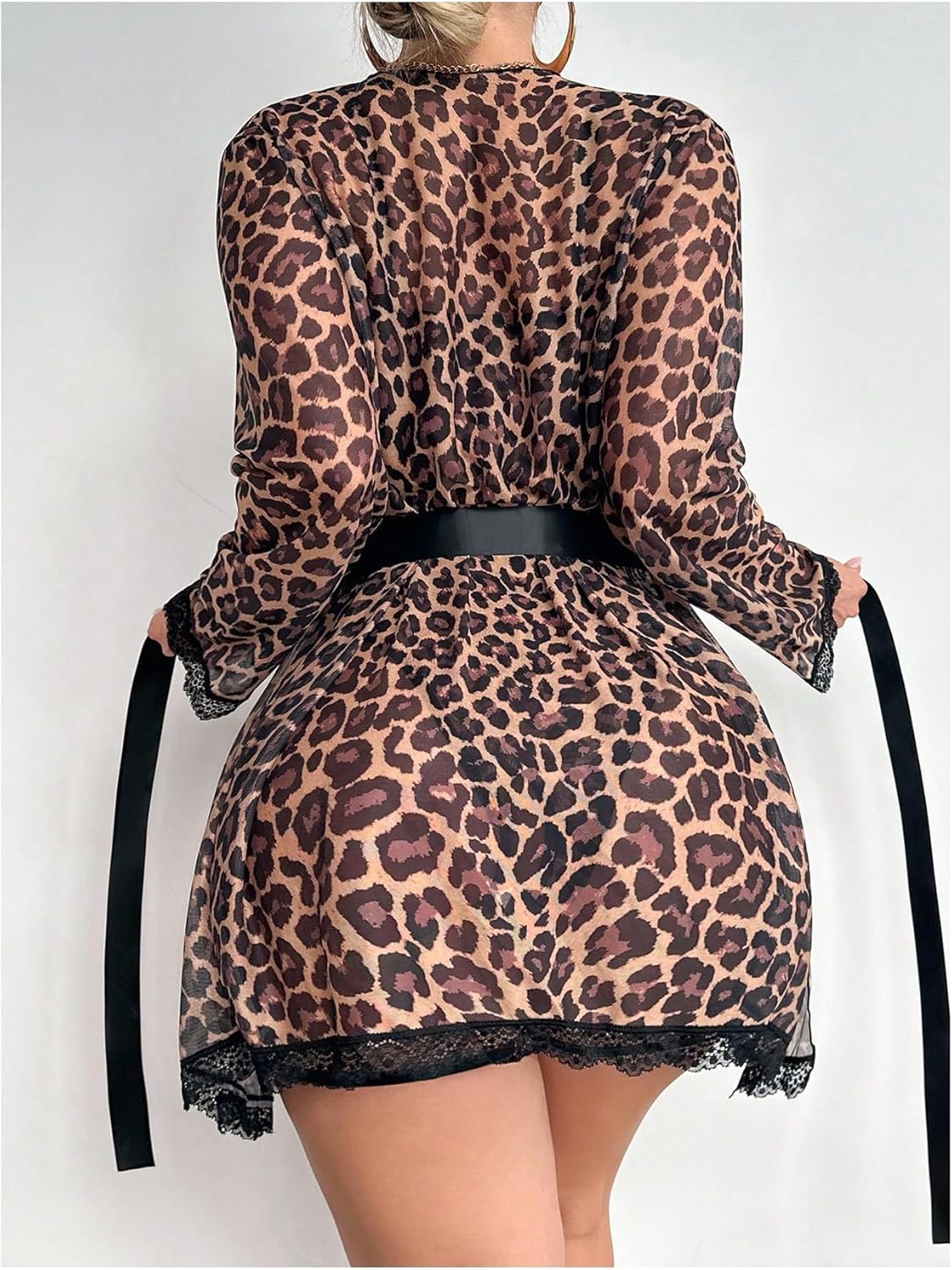 OYOANGLE Women's 5 Piece Leopard Print Robe Lingerie Set Sexy Lace Trim Bodysuit with Belt Garter - Image 2