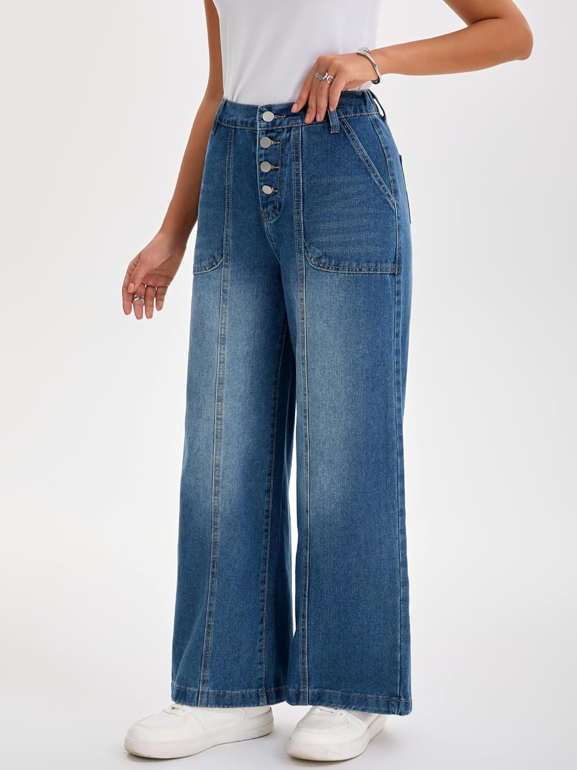 Women's Jeans High Waisted Button Fly Stretchy Straight Loose Denim Wide Leg Pants