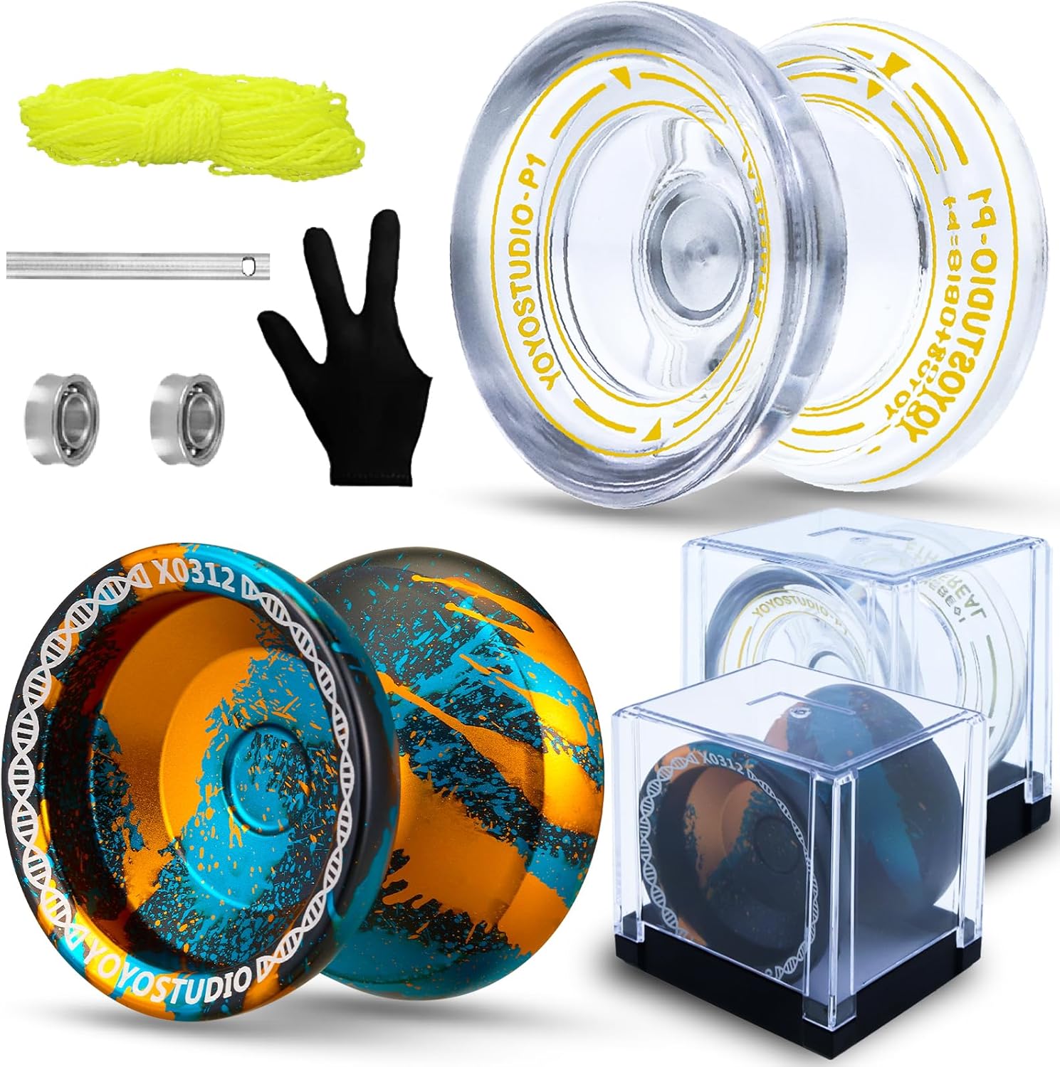 Pack of 2 Responsive Yoyos -YOYOSTUDIO X0312 Black Blue Orange + P1 White Professional Yoyo for Kids 8-12 Unresponsive Yoyo Bearing for Adults with 2 Clear Yoyos, Case, 10 Yo-Yo Strings