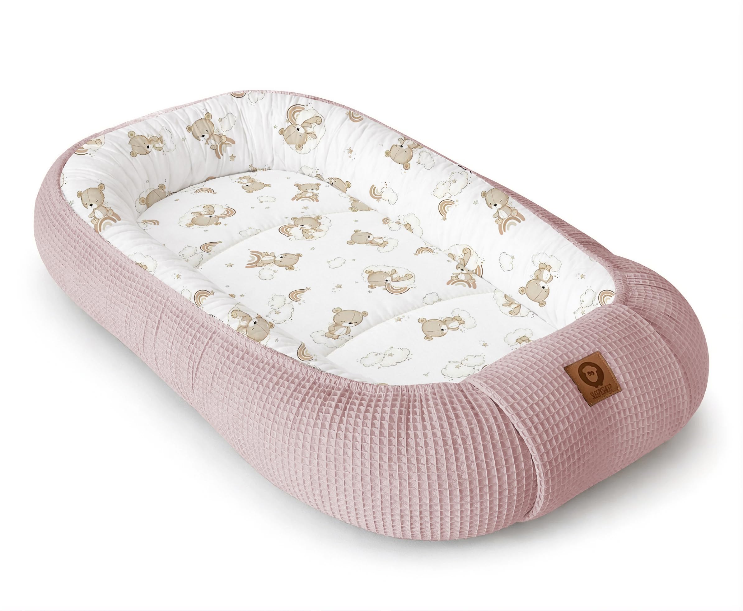Babynestchen Neugeborene – Nestchen Baby aus Waffel Baumwolle & Baumwollstoff – Babynest für Babybett & Kinderbett – Baby Kokon Tragbar – OEKO-TEX zertifiziert – Zubehör für Babybett - Teddy und Rosa