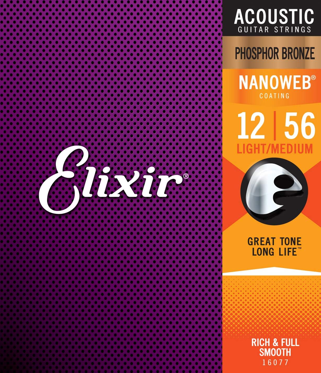 Elixir 16077 Strings Phosphor Bronze Acoustic Guitar Strings w NANOWEB Coating, Light/Medium (.012-.056)