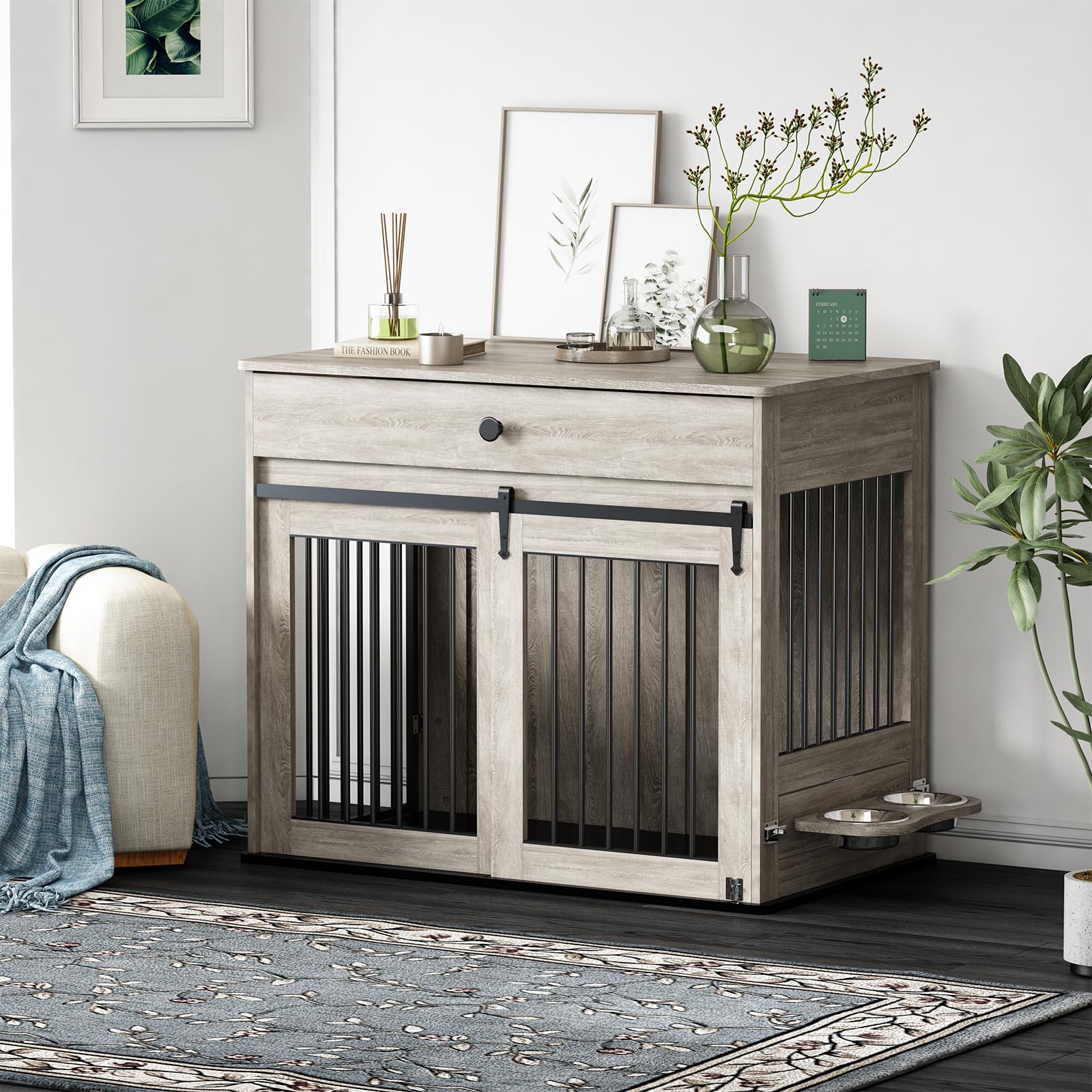 Cage pour Chien, Caisse pour Animaux de Style Meuble avec Portes Coulissantes, Niche D'intérieur en Bois avec Tiroir, Maison pour Chien avec Gamelle Pivotante à 360°, Gris