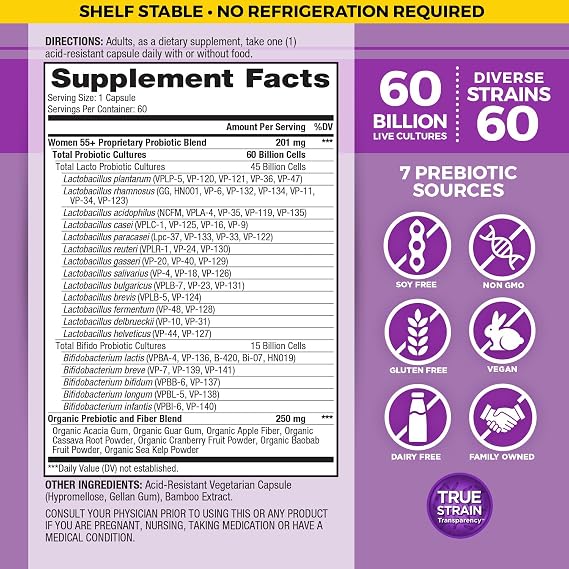 Vital Planet - Vital Flora Probiotics for Women Over 55 Daily Shelf Stable Probiotic 60 Billion CFU, 60 Diverse Strains, 7 Organic Prebiotics, Immune Support and Digestive Health 60 Capsules